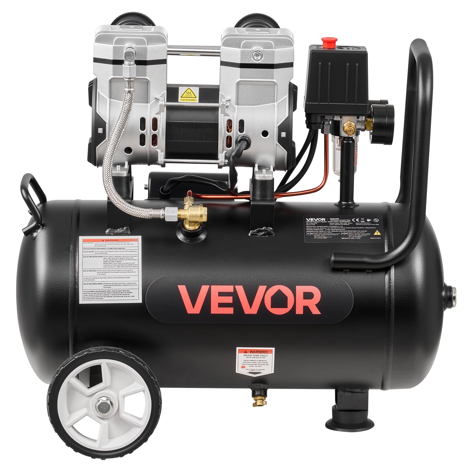 VEVOR 24L Oil-Free Air Compressor 1.1 kW, 68 L/min 8 Bar, Portable on Wheels for Tire Inflation, Auto Repair, Spray Painting - Зображення 9