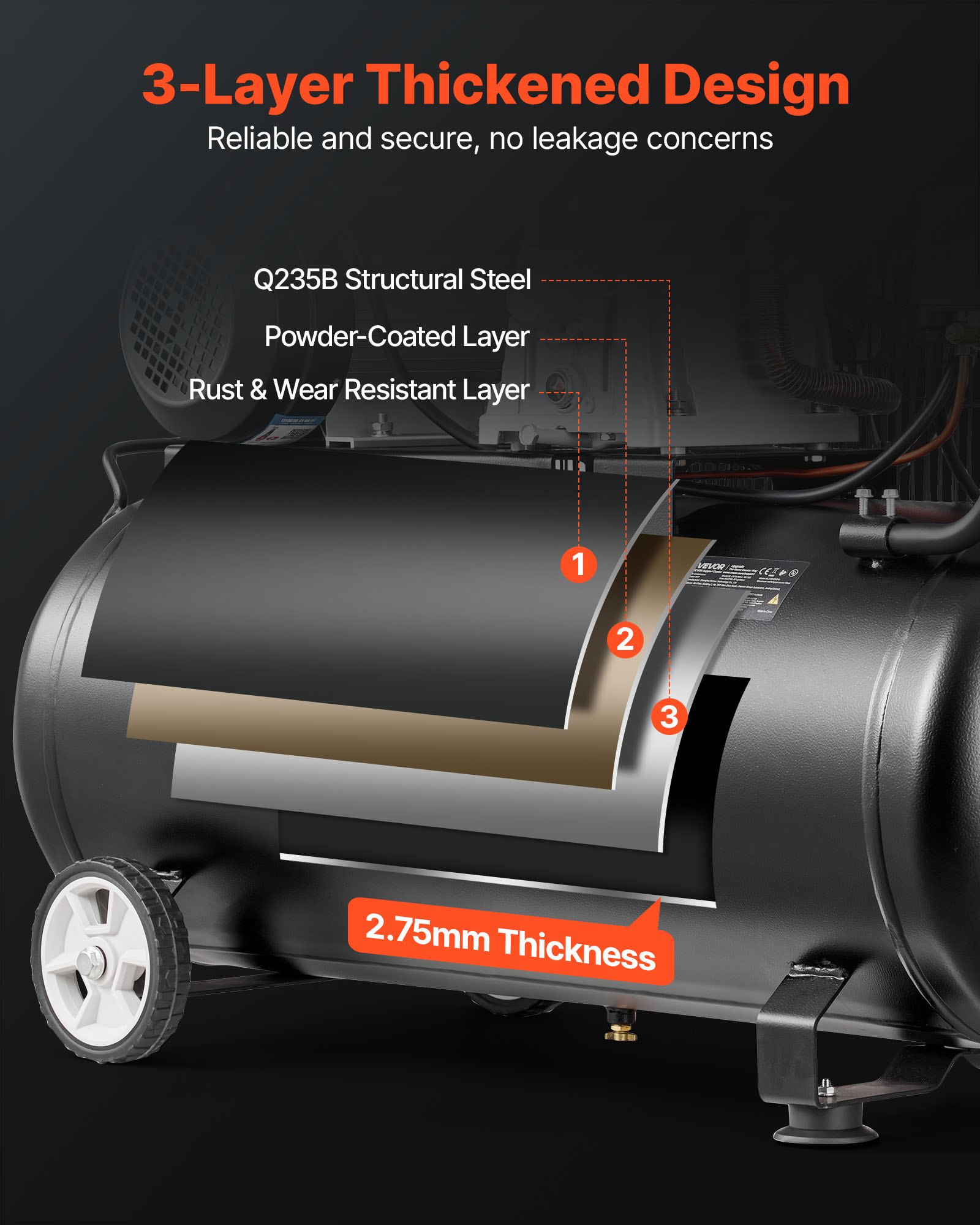 VEVOR 100 L Belt-Driven Air Compressor 3 kW, 226 L/min 6.2 bar, Max 10 bar, Portable on Wheels for Auto Repair and DIY Tools - Зображення 5