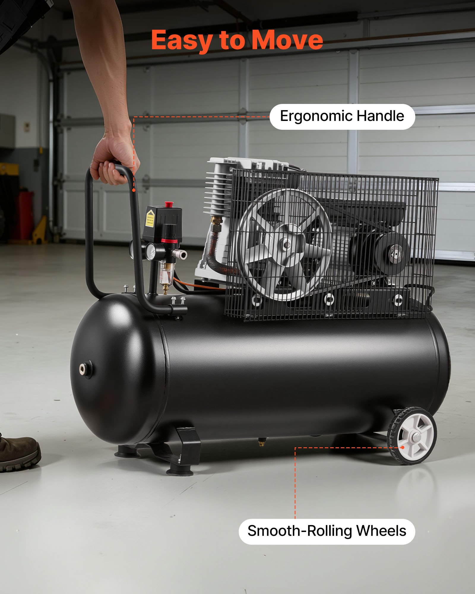 VEVOR 100 L Belt-Driven Air Compressor 3 kW, 226 L/min 6.2 bar, Max 10 bar, Portable on Wheels for Auto Repair and DIY Tools - Зображення 6