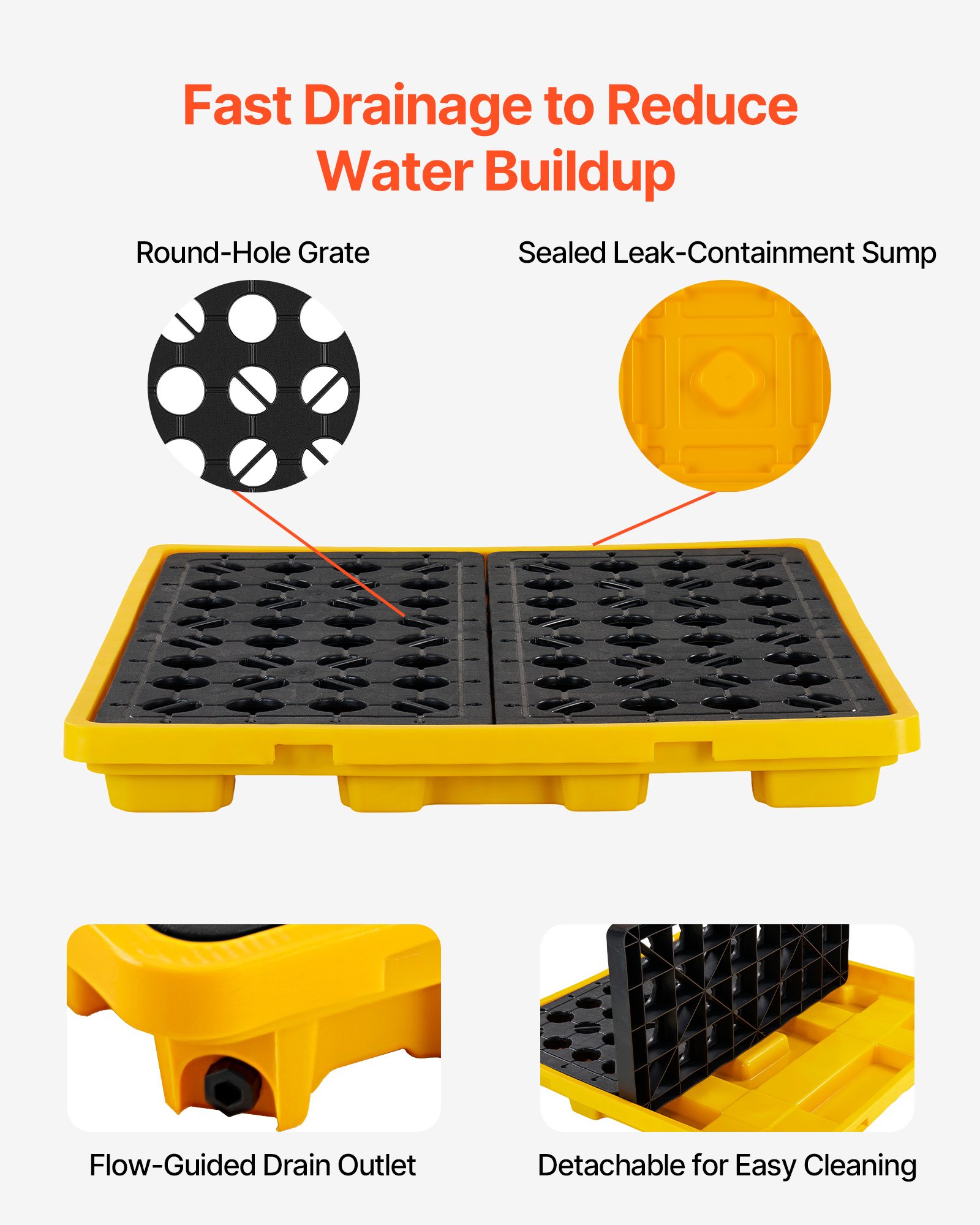 VEVOR 4-Drum Spill Containment Pallet 117 L Sump, 4000 kg Load, HDPE Modular Platform with Drain 1305x1280x150 mm Yellow — изображение 4