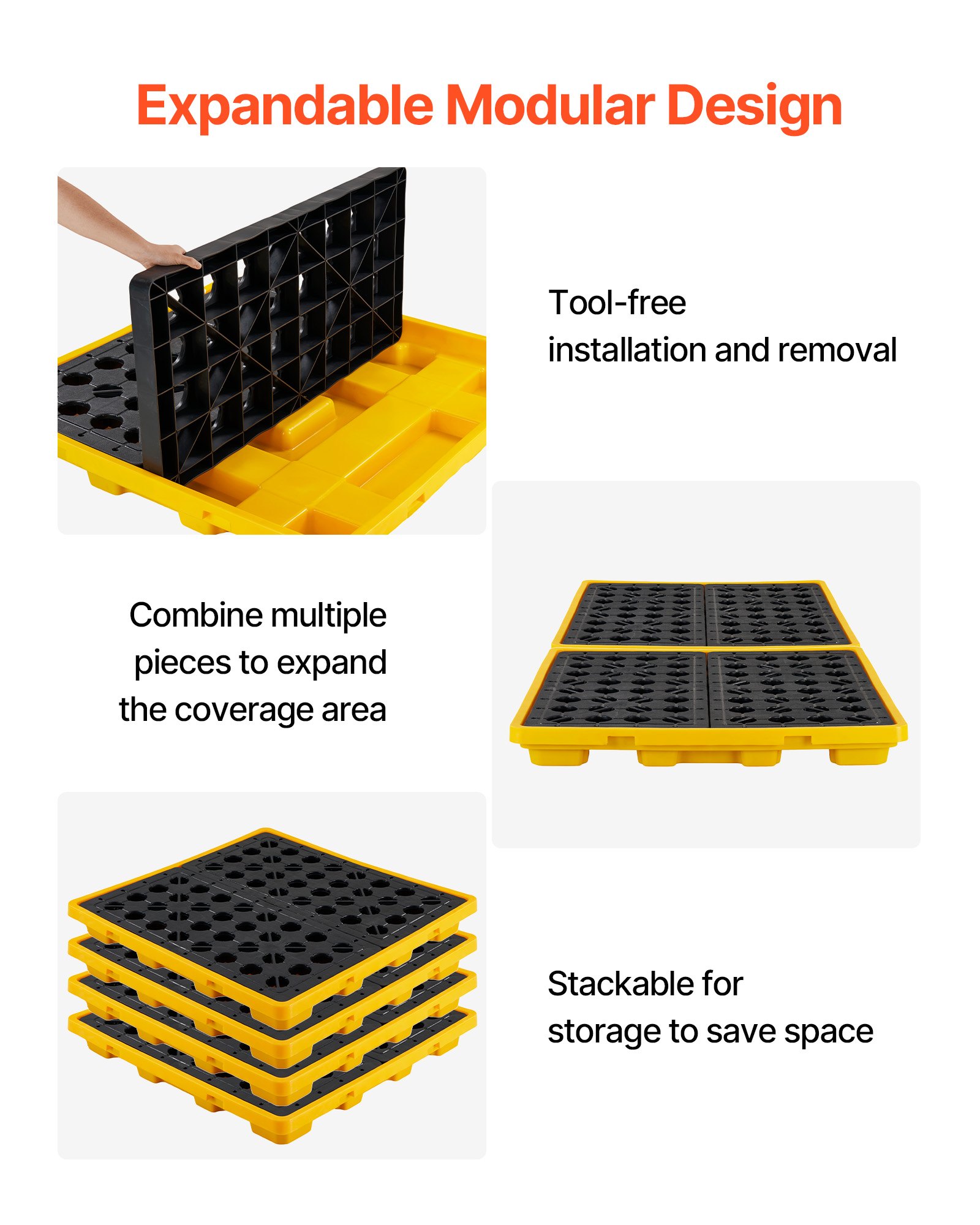 VEVOR 4-Drum Spill Containment Pallet 117 L Sump, 4000 kg Load, HDPE Modular Platform with Drain 1305x1280x150 mm Yellow — изображение 5