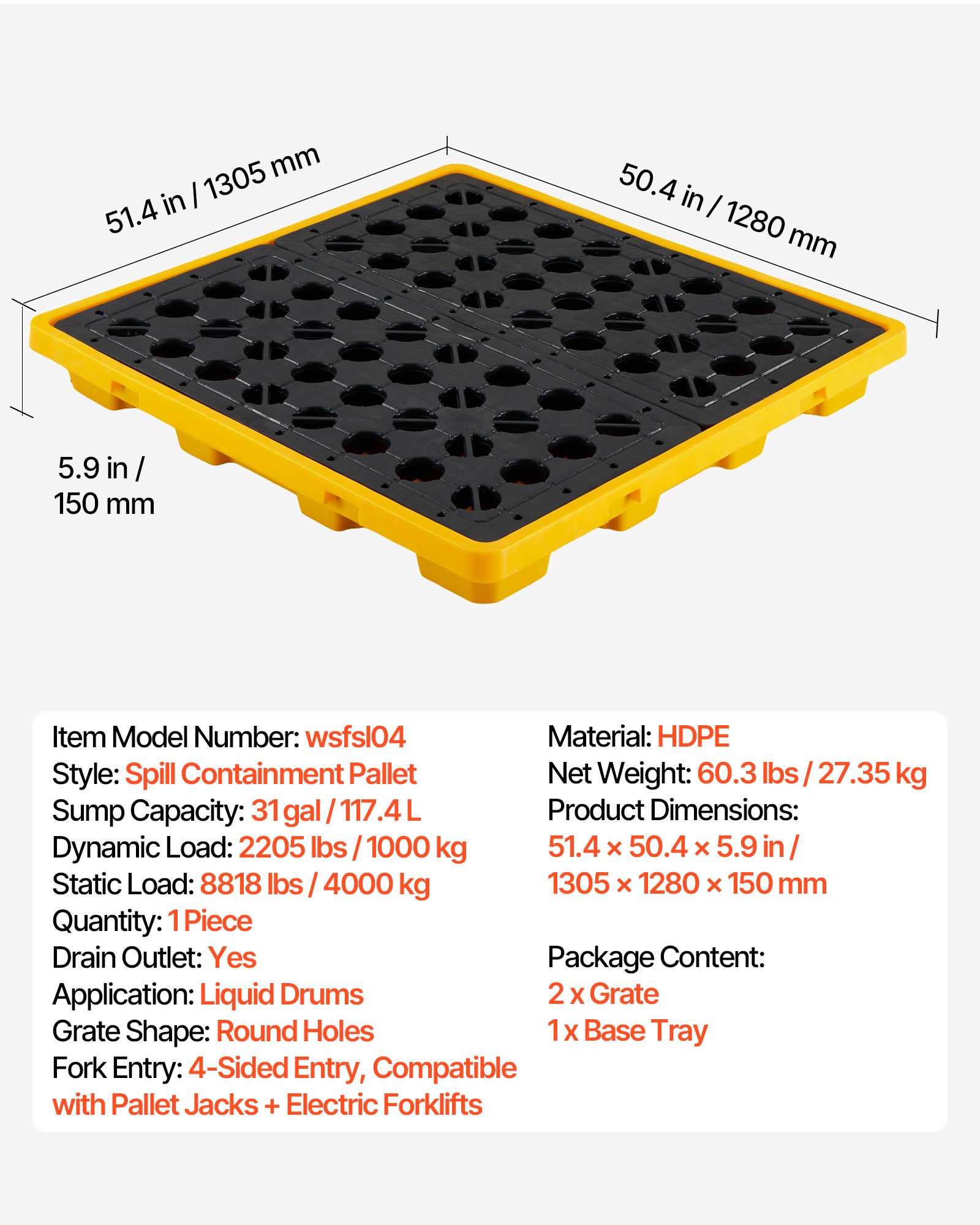 VEVOR 4-Drum Spill Containment Pallet 117 L Sump, 4000 kg Load, HDPE Modular Platform with Drain 1305x1280x150 mm Yellow — изображение 7