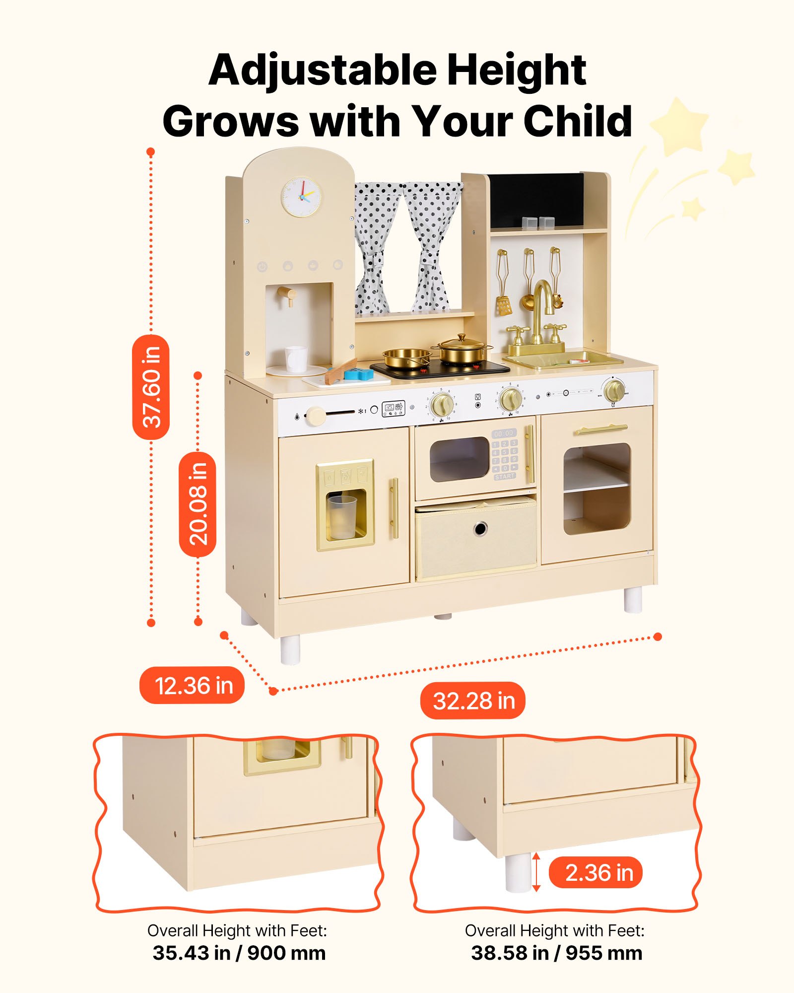 VEVOR Wooden Play Kitchen for Kids with Lights, Sounds, Ice Maker, Microwave & Accessories, Pretend Toy Set for Children 3–8 - Зображення 7