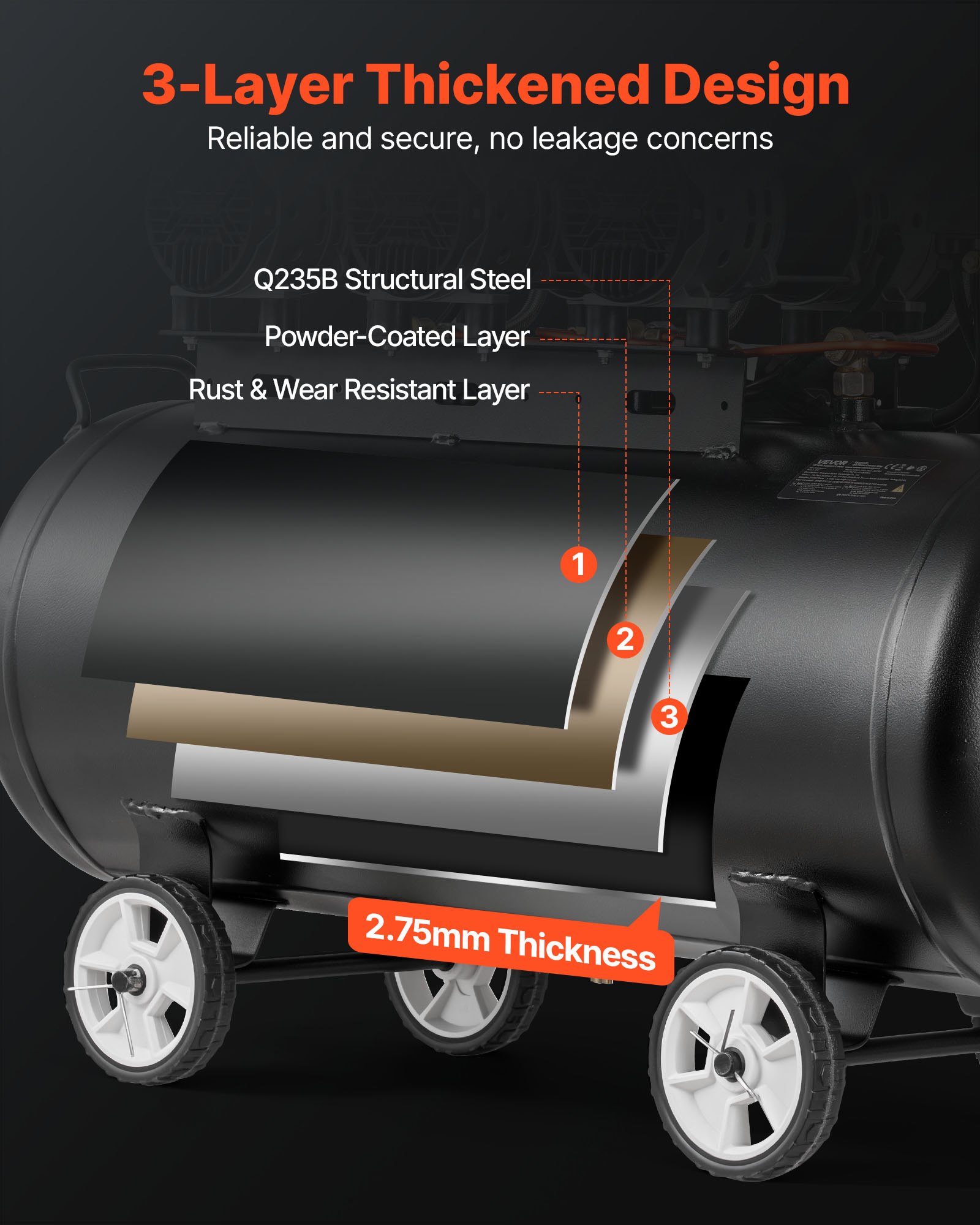 VEVOR 100L 3kW Oil-Free Air Compressor, 198 L/min 8 Bar, Portable Tank on Wheels for Tire Inflation, Auto Repair & Spray Painting - Зображення 5