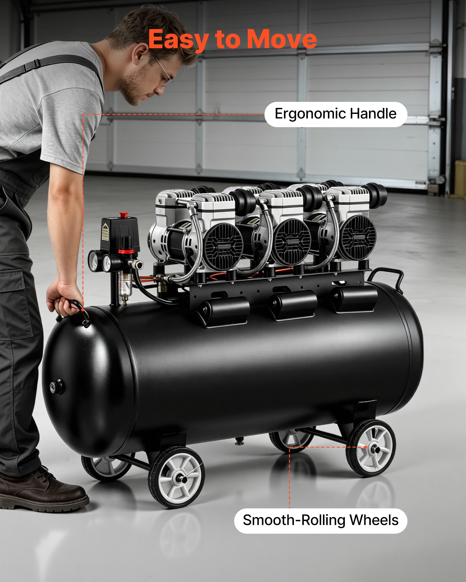 VEVOR 100L 3kW Oil-Free Air Compressor, 198 L/min 8 Bar, Portable Tank on Wheels for Tire Inflation, Auto Repair & Spray Painting - Зображення 6