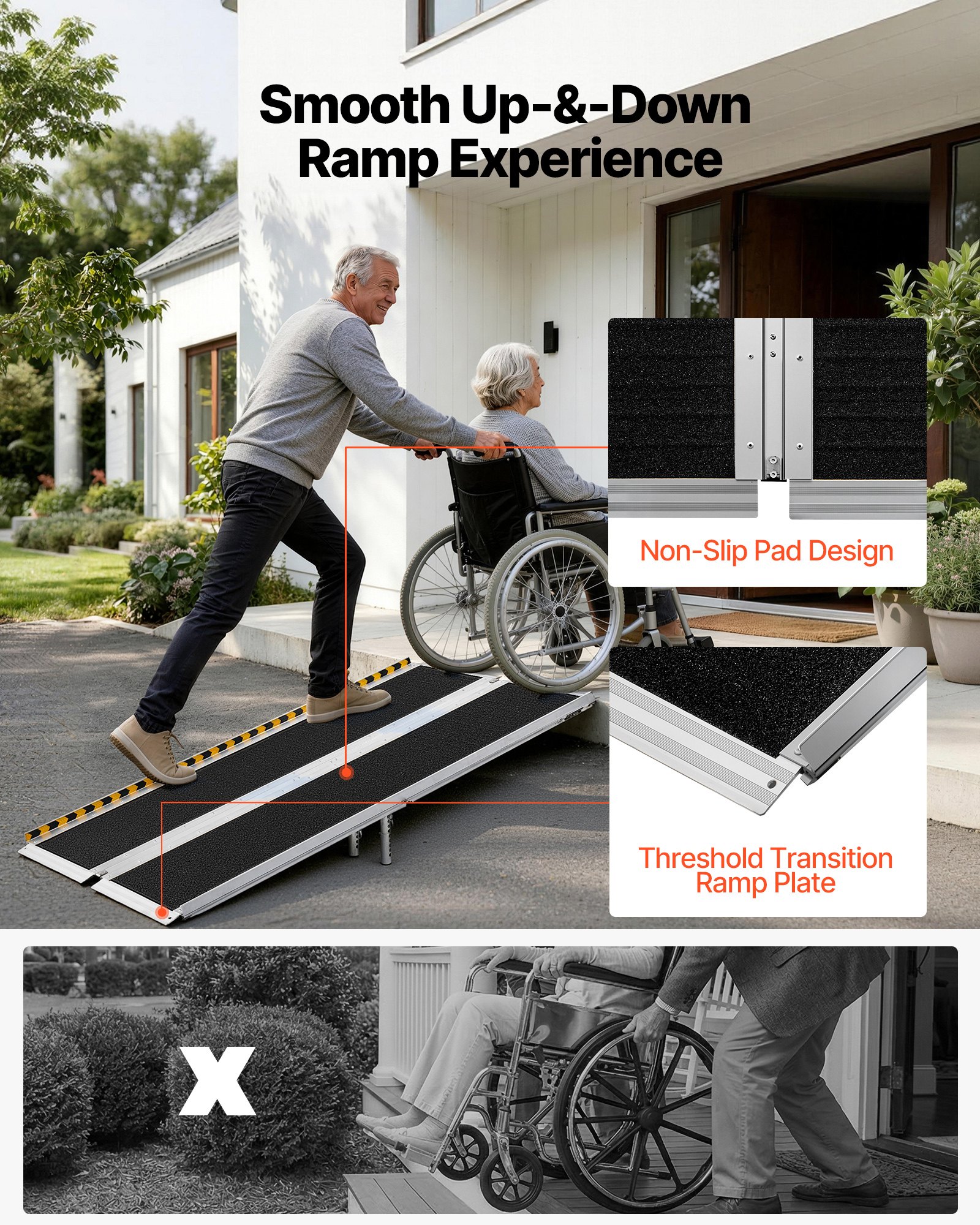 VEVOR 1830 mm Portable Folding Aluminum Wheelchair Ramp, Non-Slip Threshold Ramp with Adjustable Legs, 363 kg Capacity for Home Steps — изображение 5