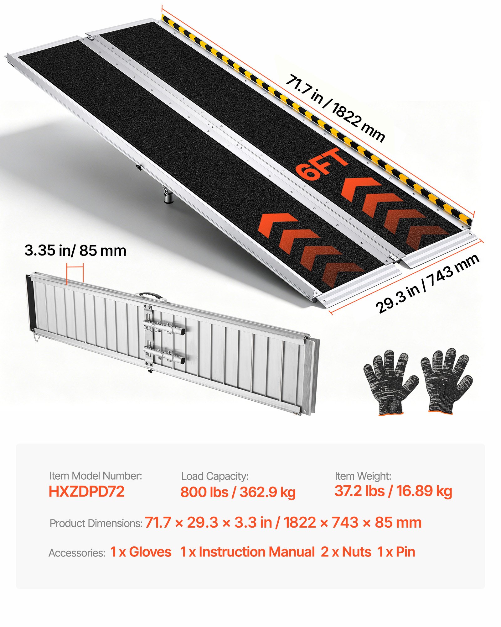VEVOR 1830 mm Portable Folding Aluminum Wheelchair Ramp, Non-Slip Threshold Ramp with Adjustable Legs, 363 kg Capacity for Home Steps — изображение 7