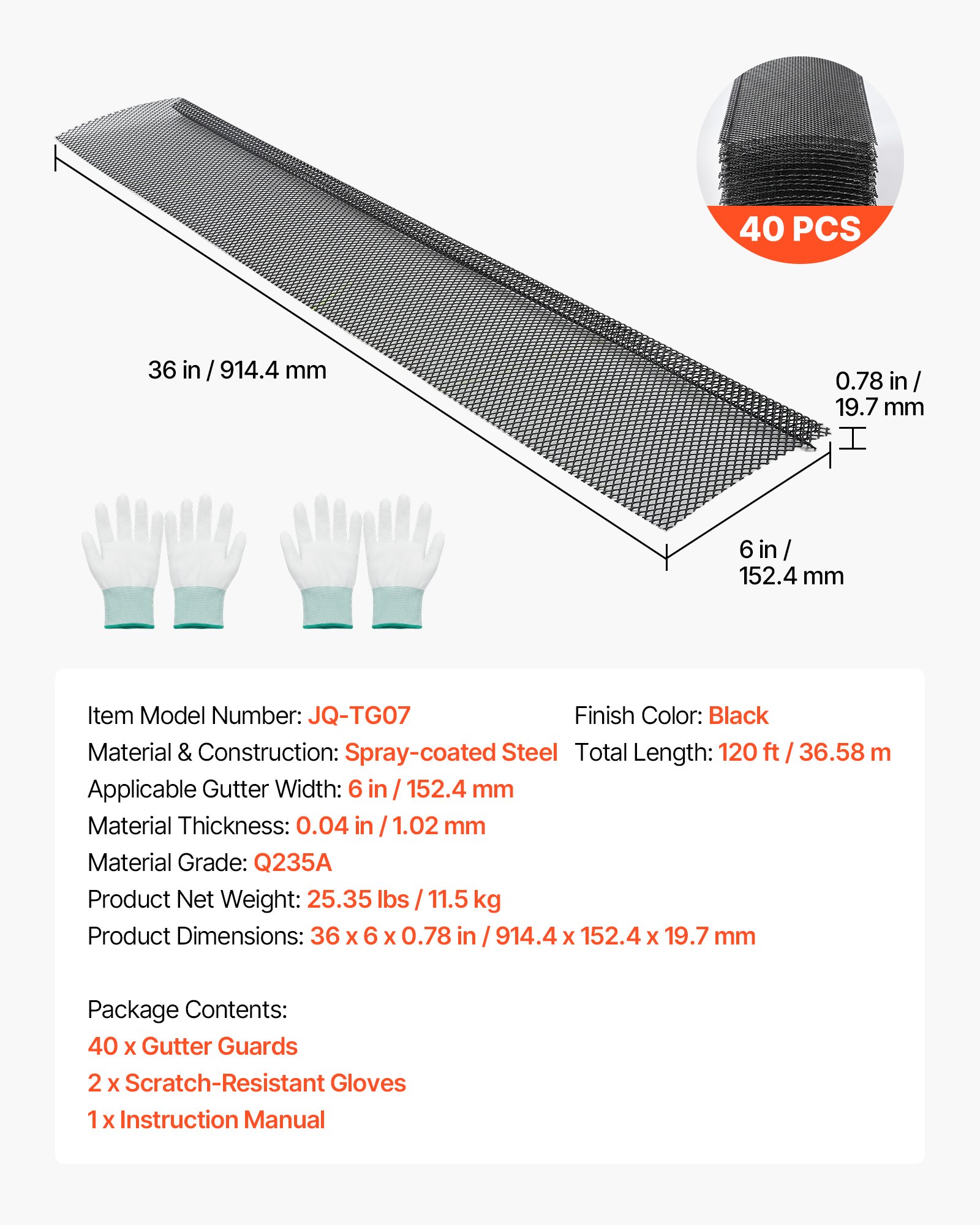 VEVOR 152 mm Powder-Coated Steel Gutter Guard Screen, 36.6 m Leaf Protection, 6 mm Micro-Perforated, 40-Pack, Black - Зображення 7