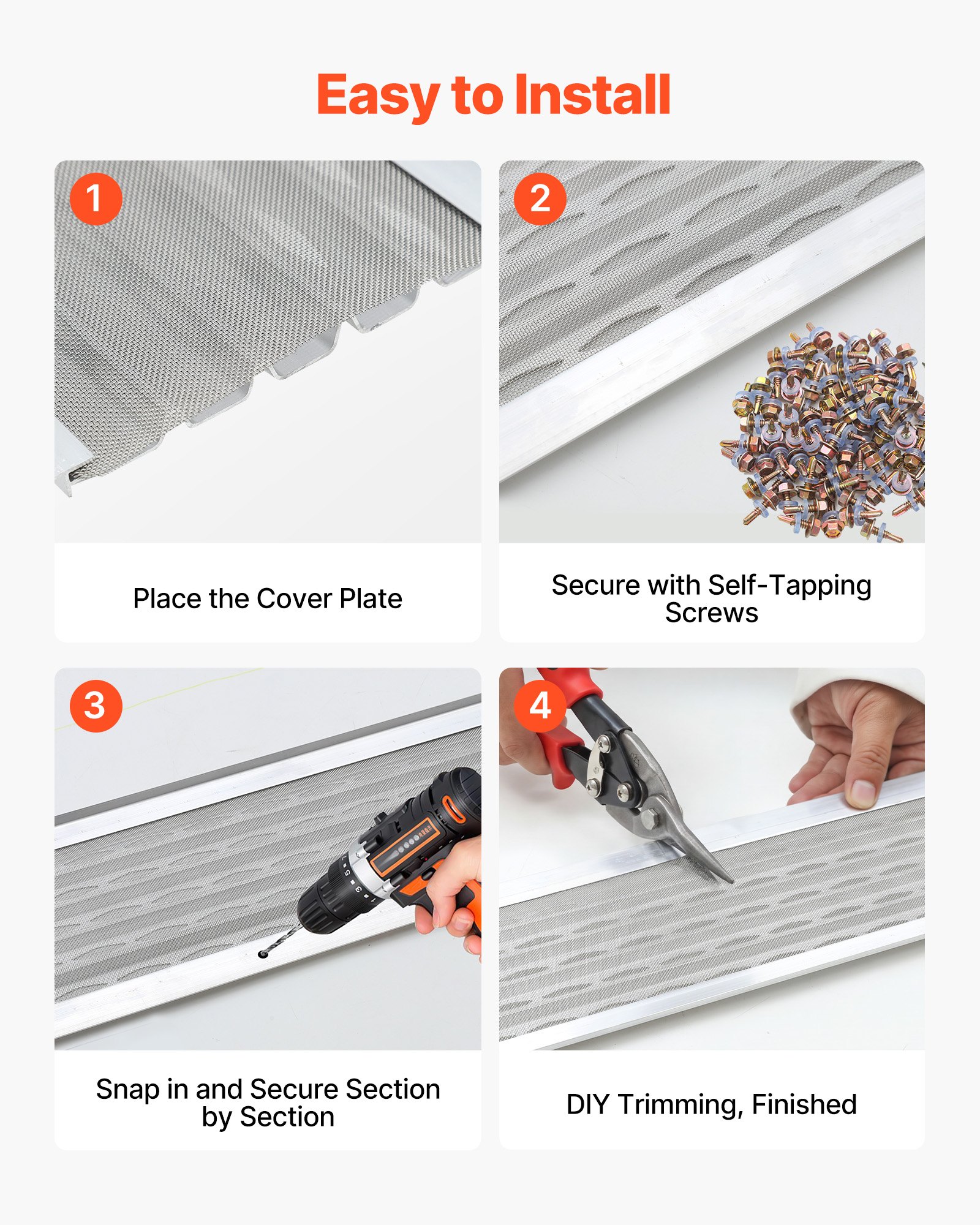 VEVOR 127 mm Aluminum Gutter Guard, 30.48 m Stainless Steel Micro Mesh Leaf Protection, 20 pcs, for 5" K-Style Gutters - Зображення 5