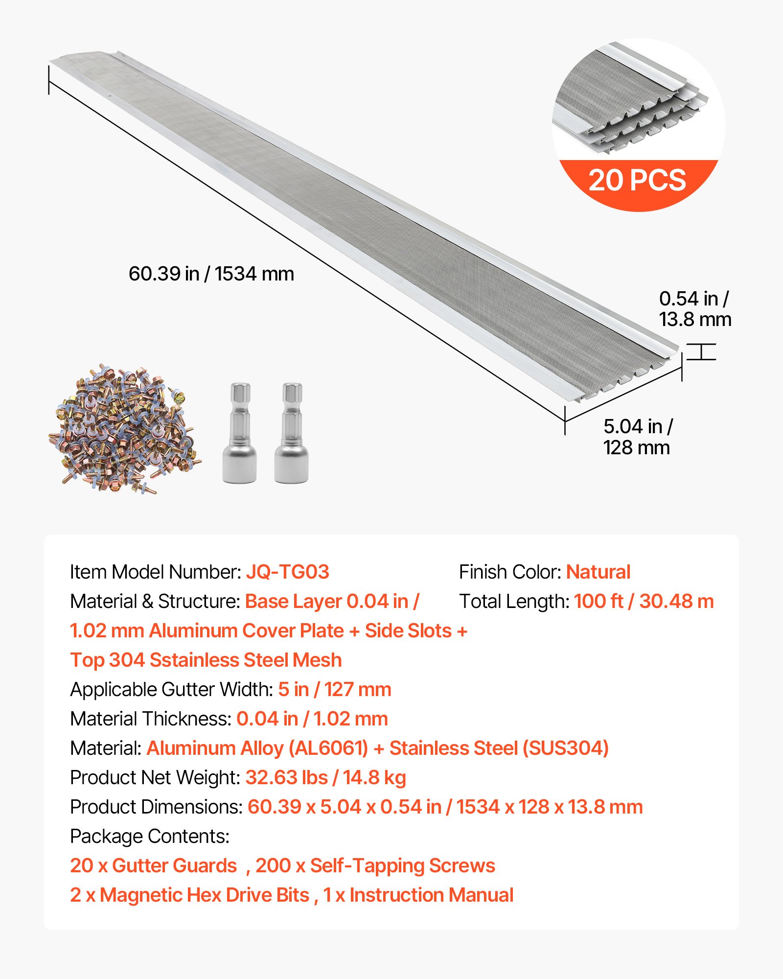 VEVOR 127 mm Aluminum Gutter Guard, 30.48 m Stainless Steel Micro Mesh Leaf Protection, 20 pcs, for 5" K-Style Gutters - Зображення 7