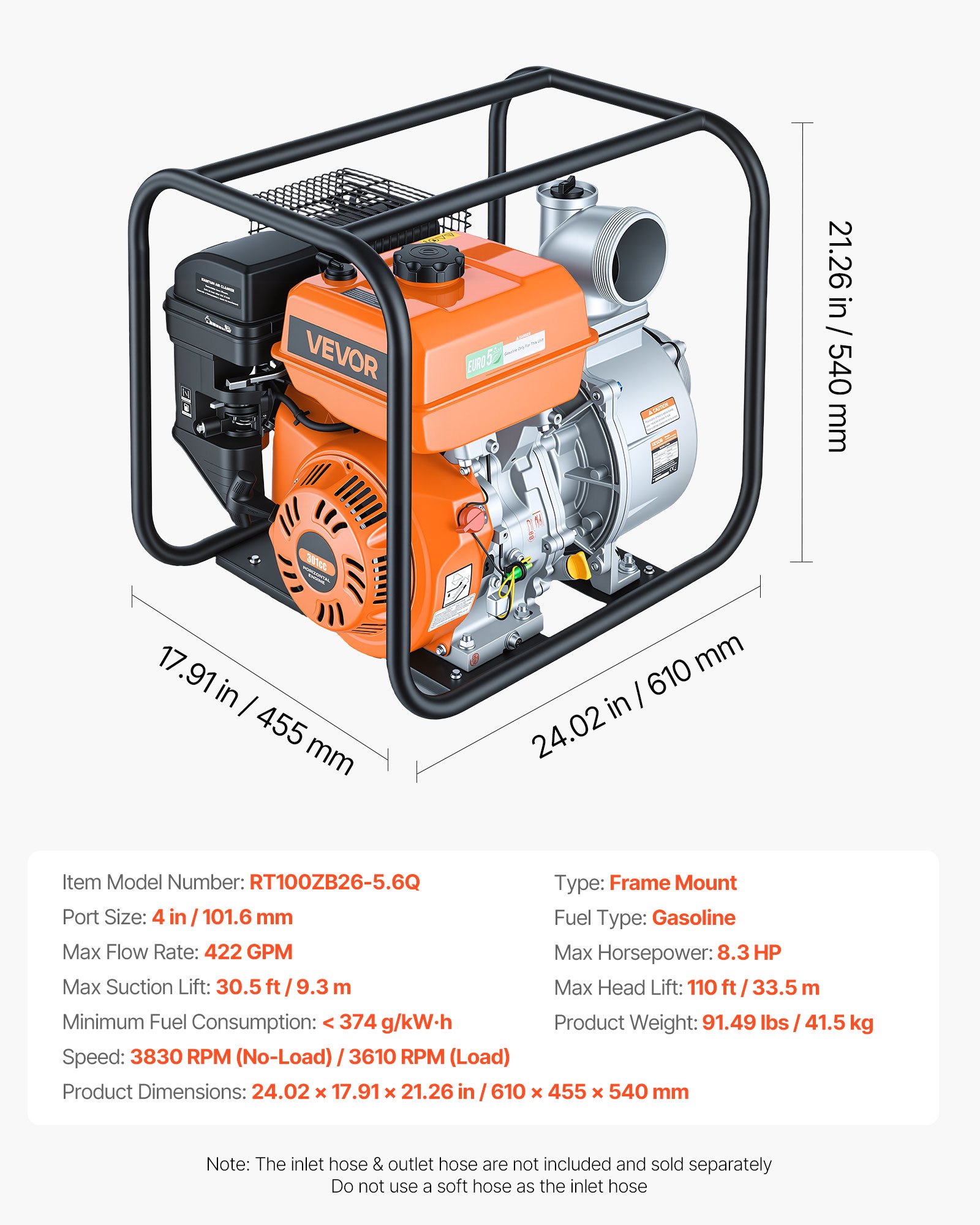 VEVOR 4" Gas Water Pump 1600 L/min 8.3 HP, Semi-Trash Transfer Pump with 7.6 m Hose, High Lift, for Irrigation, Drainage, Pools — изображение 7