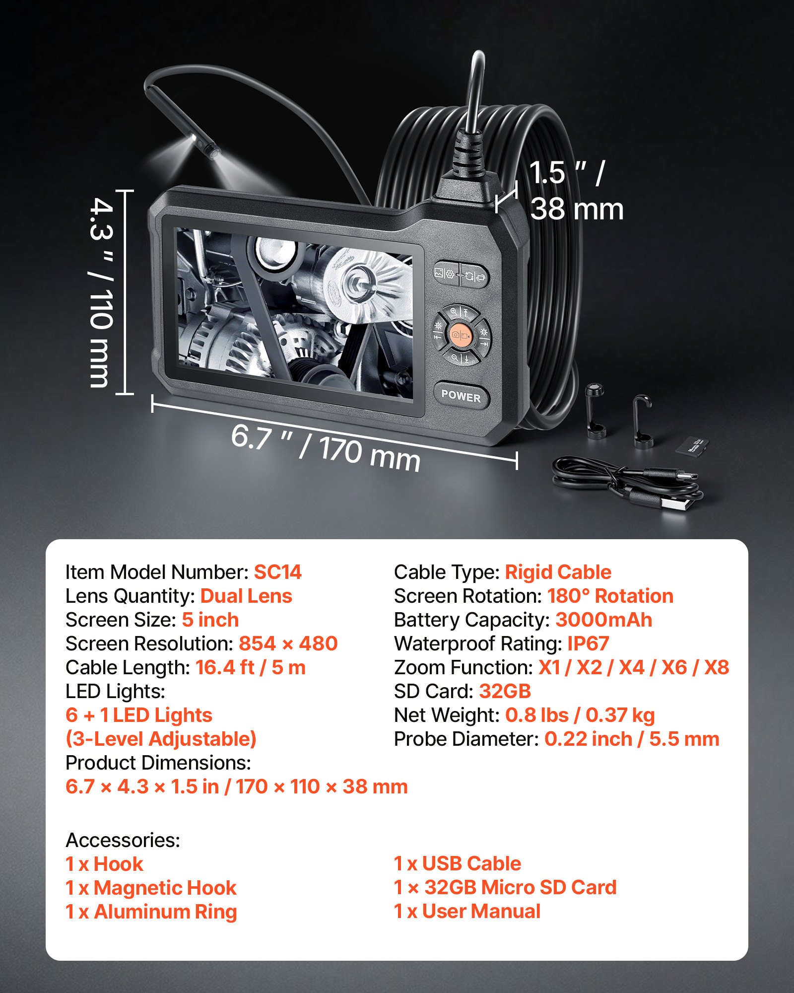 VEVOR Dual Lens Endoscope 5" IPS, 5.5mm Camera, 8x Zoom, IP67 Waterproof Borescope with 5m Rigid Cable for Automotive & Plumbing - Image 7