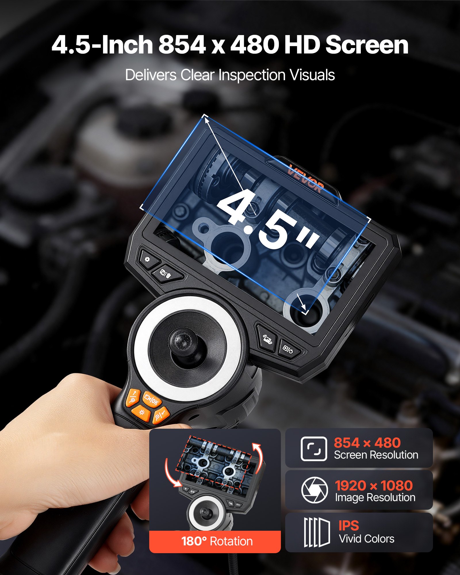 VEVOR 4-Way 360° Articulating Endoscope 6.2 mm 1080p with 4.5" IPS Screen, 1.5 m Snake Cable Inspection Camera for Auto & HVAC - Зображення 4