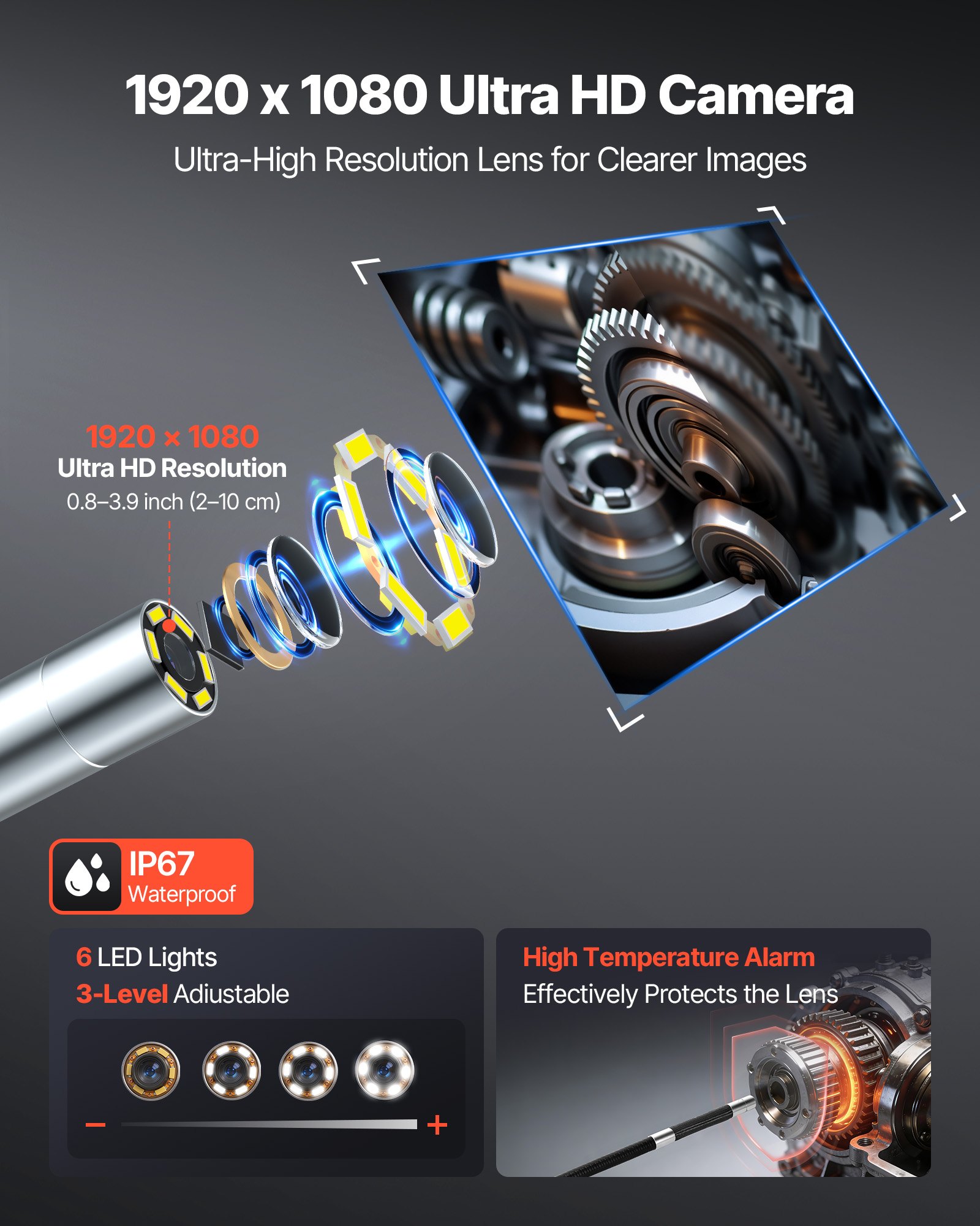 VEVOR 4-Way 360° Articulating Endoscope 6.2 mm 1080p with 4.5" IPS Screen, 1.5 m Snake Cable Inspection Camera for Auto & HVAC - Зображення 5