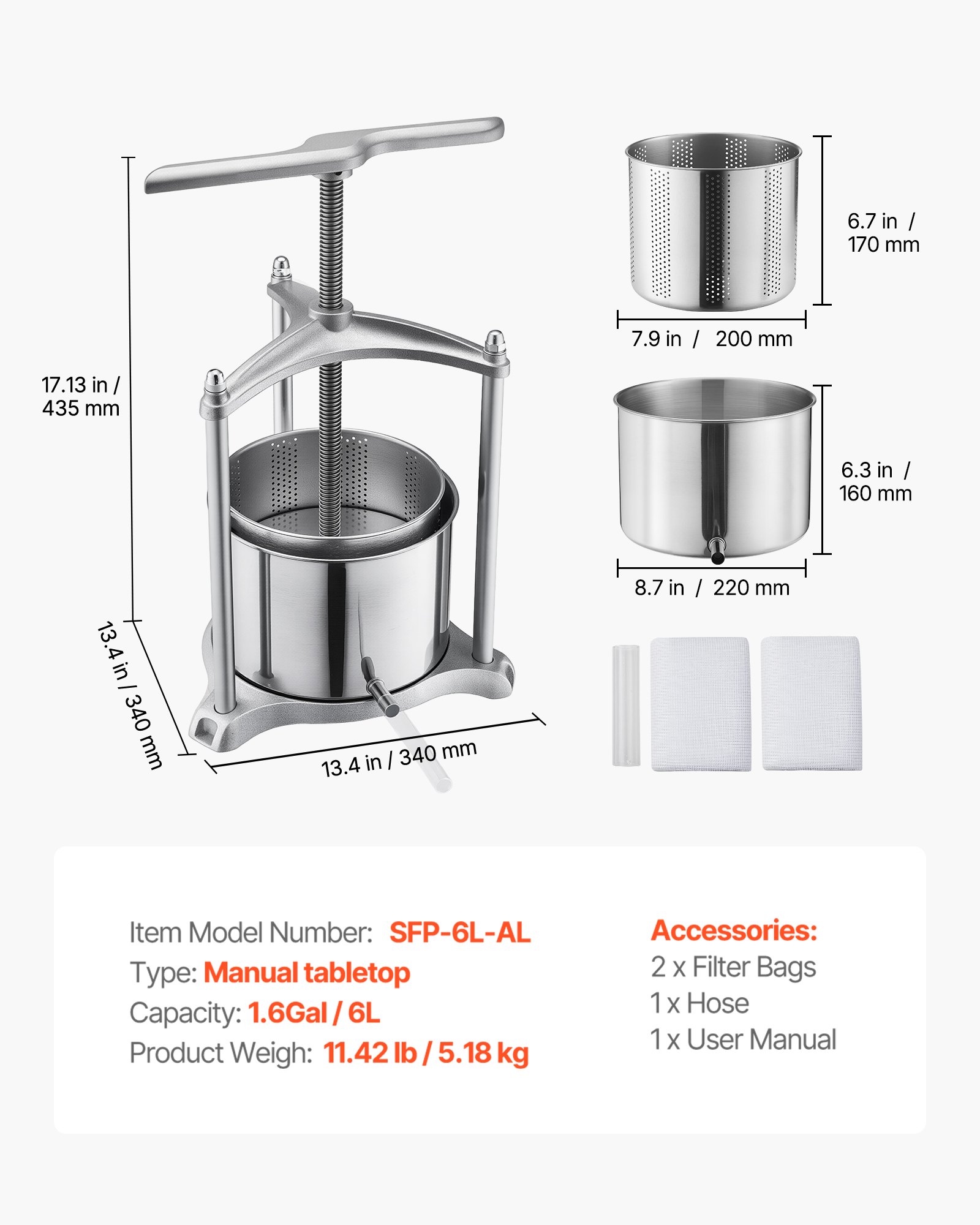 VEVOR 6 L Stainless Steel Manual Fruit Wine Press, Juice & Cider Maker with T-Handle for Apples, Grapes, Berries, Herbs, Cheese — изображение 7