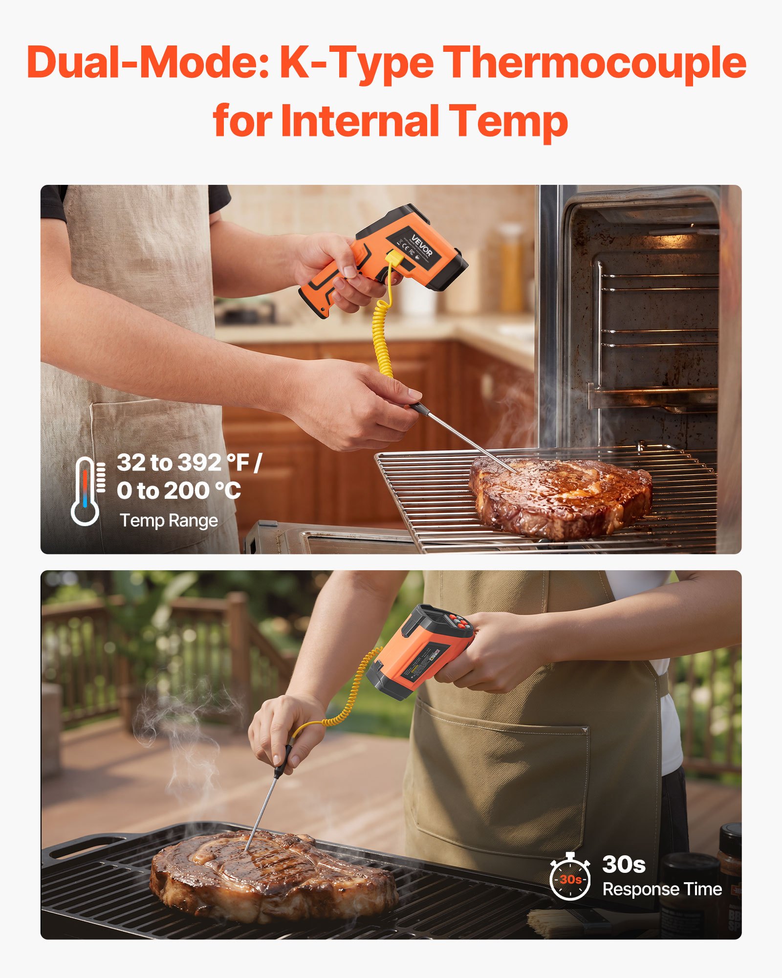 VEVOR Dual Laser Infrared Thermometer -30–1200°C with K-Type Thermocouple, Non-Contact IR Temperature Gun for Cooking and Industrial Use - Image 3
