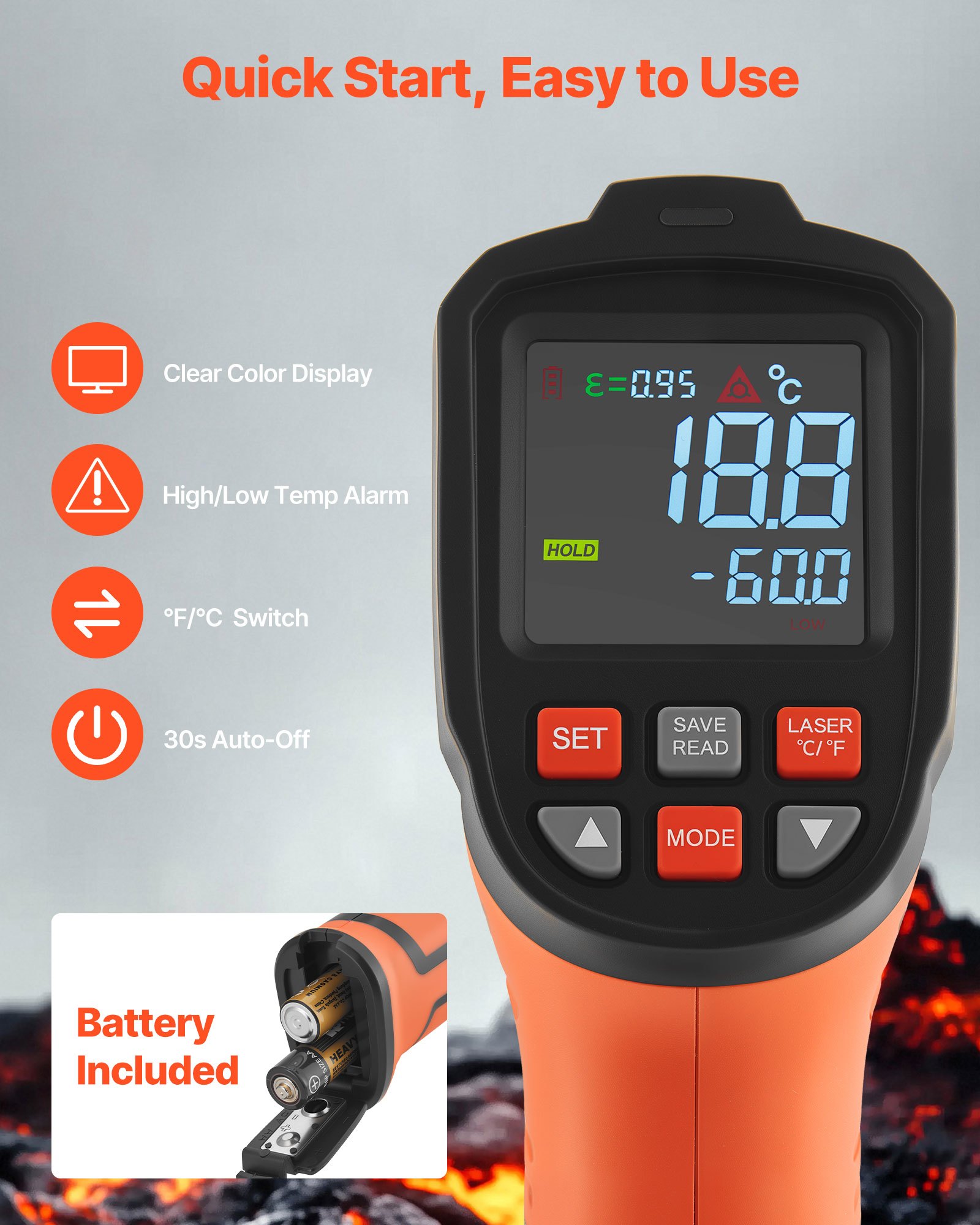 VEVOR Dual Laser Infrared Thermometer -30–1200°C with K-Type Thermocouple, Non-Contact IR Temperature Gun for Cooking and Industrial Use - Image 6