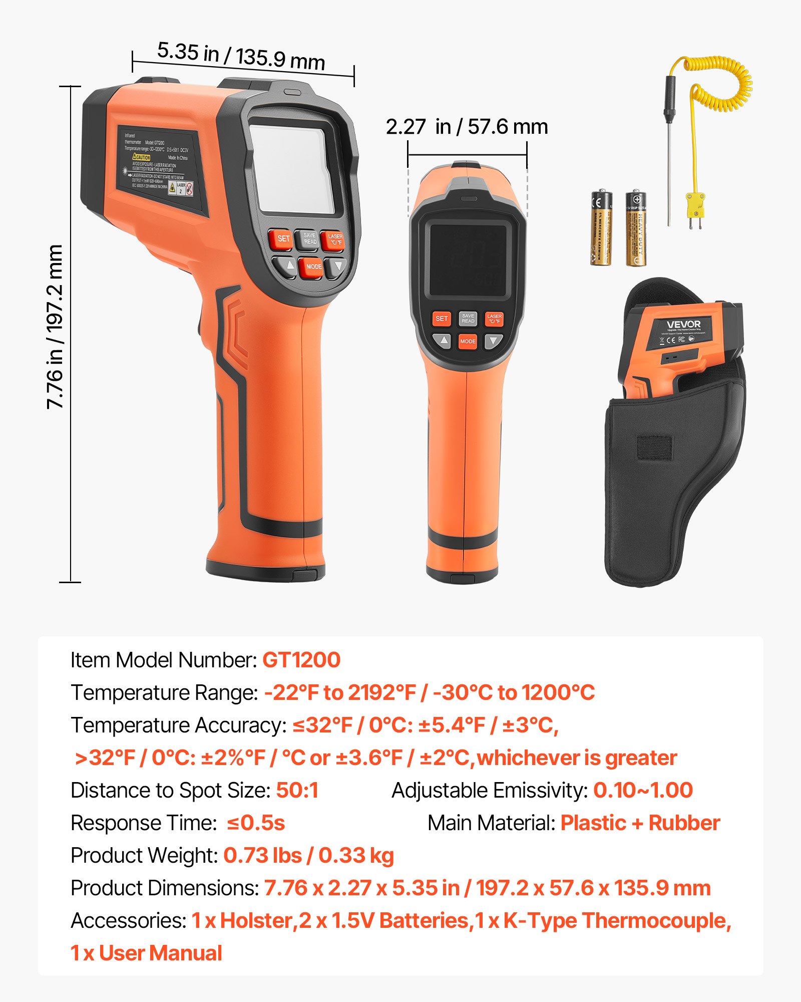VEVOR Dual Laser Infrared Thermometer -30–1200°C with K-Type Thermocouple, Non-Contact IR Temperature Gun for Cooking and Industrial Use - Image 7