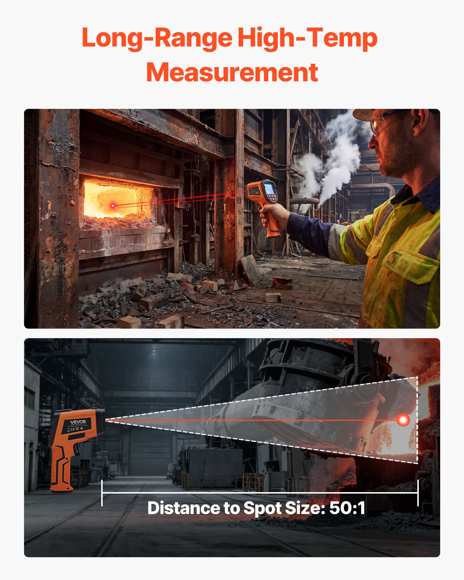 VEVOR Dual Laser Infrared Thermometer -30–1600°C with K-Type Probe, 50:1, Non-Contact IR Temperature Gun for Industry & Cooking - Image 5
