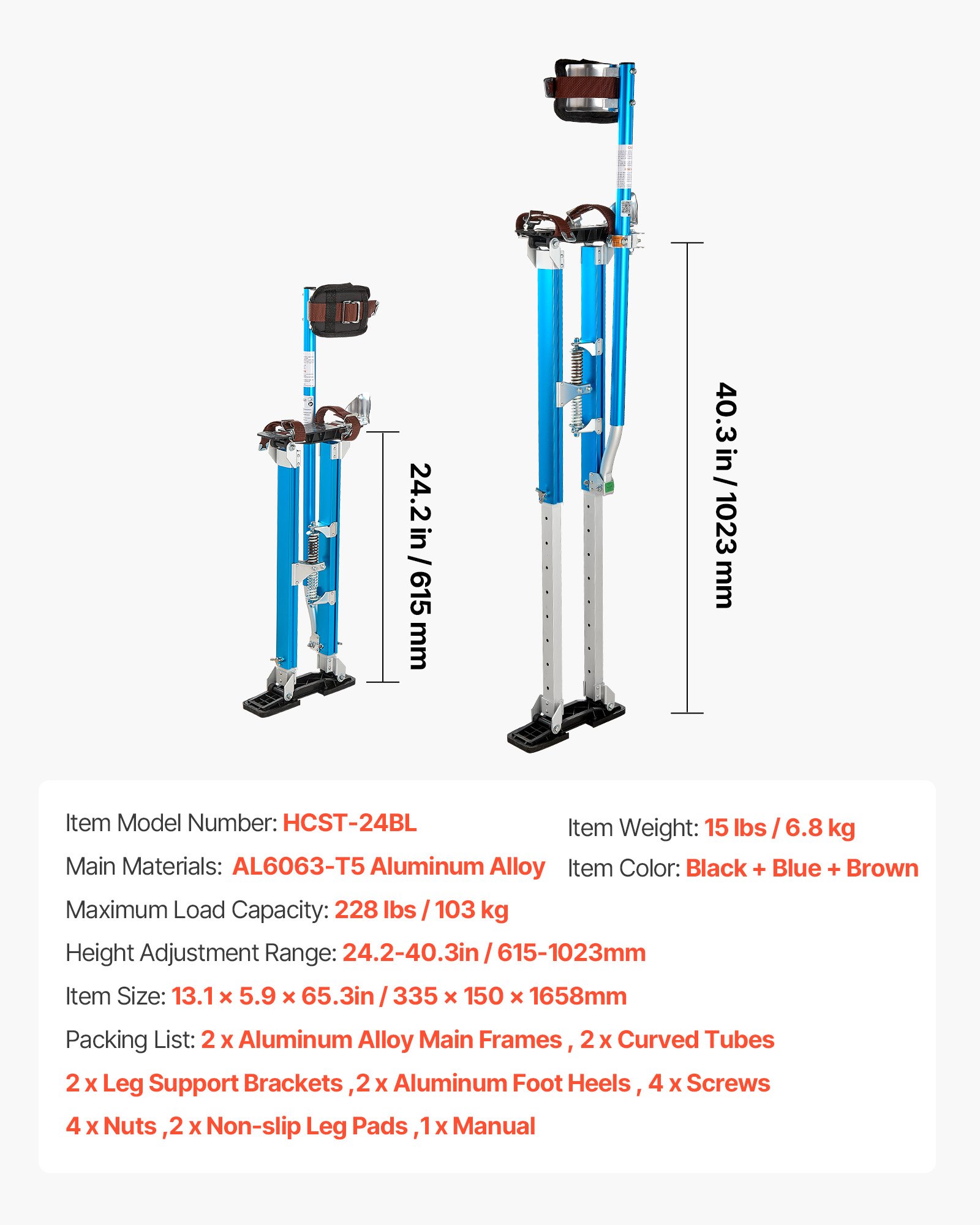 VEVOR Adjustable Drywall Stilts 61.5–102.3 cm, Aluminum, 103 kg Load, Non-Slip Feet, Dual Spring Shock Absorption, Blue - Зображення 7