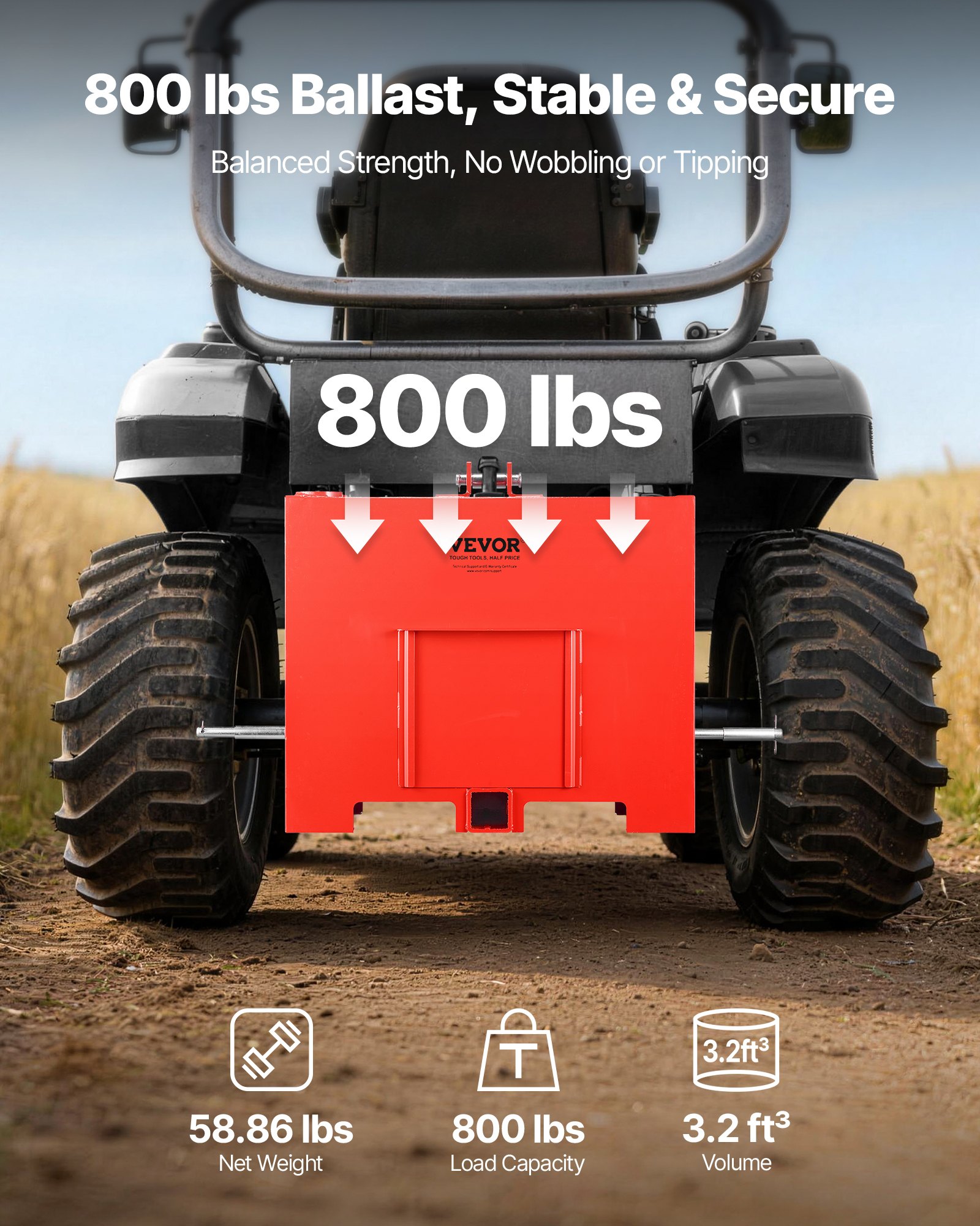 VEVOR 3-Point Cat 1 Tractor Ballast Box 363 kg Capacity, 0.09 m³ Steel Weight Box with 55 mm Hitch Receiver and Sliding Door, Red — изображение 4