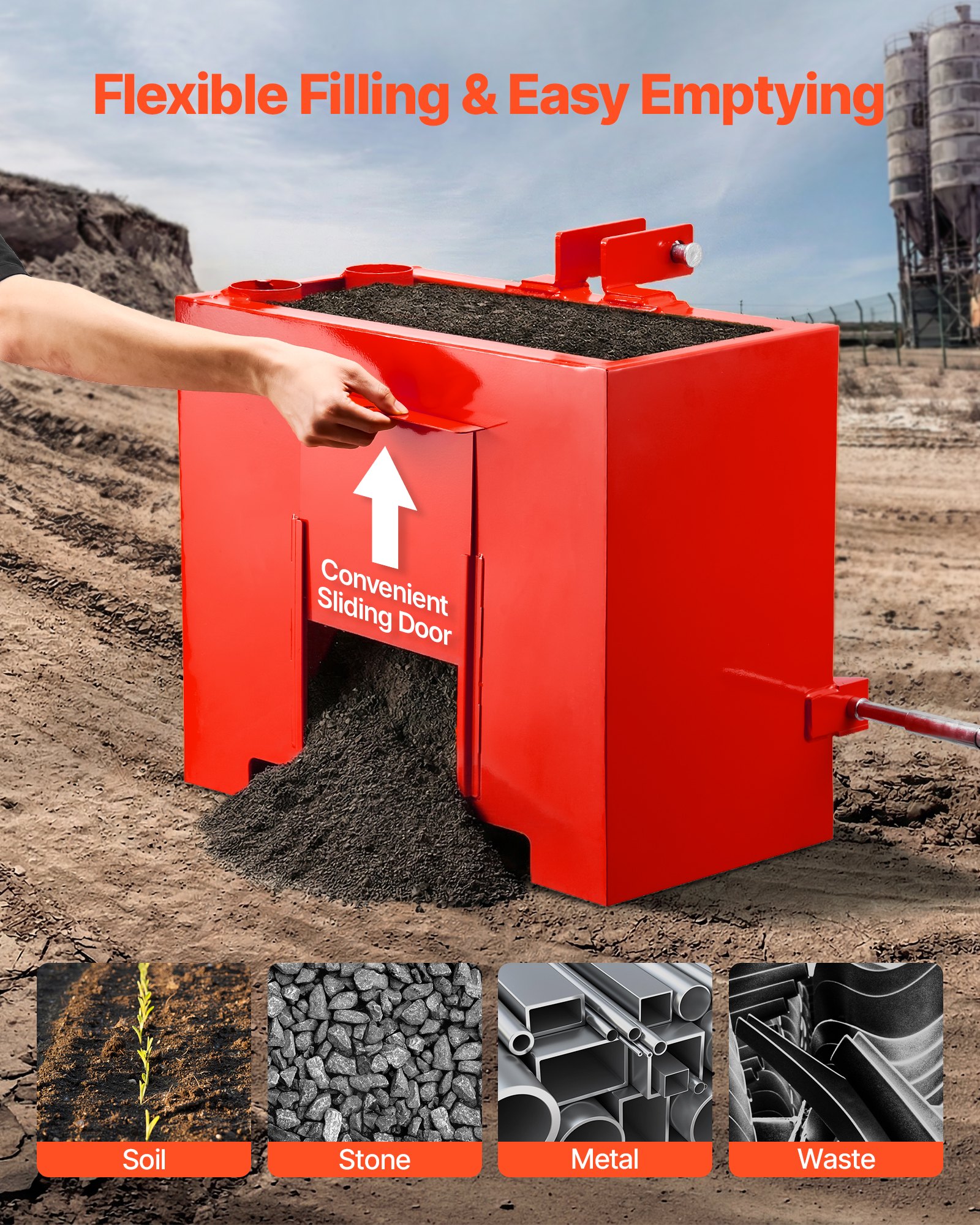 VEVOR 3-Point Cat 1 Tractor Ballast Box 363 kg Capacity, 0.09 m³ Steel Weight Box with 55 mm Hitch Receiver and Sliding Door, Red — изображение 5