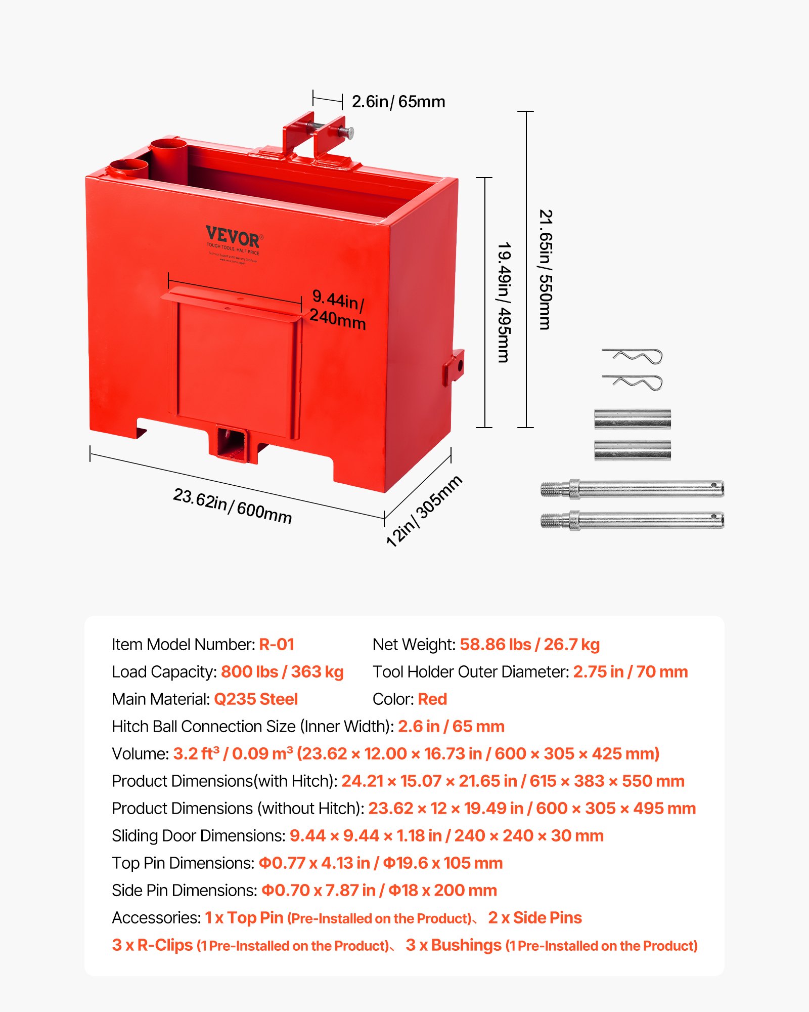 VEVOR 3-Point Cat 1 Tractor Ballast Box 363 kg Capacity, 0.09 m³ Steel Weight Box with 55 mm Hitch Receiver and Sliding Door, Red — изображение 7