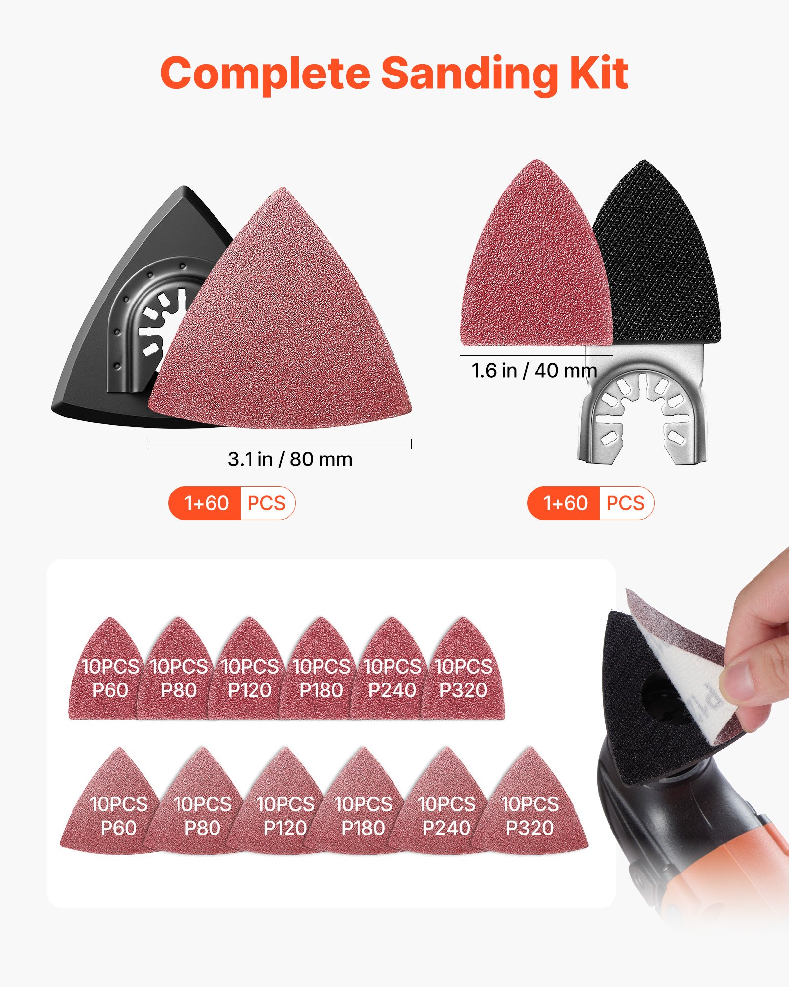 VEVOR 160-Piece Oscillating Multi Tool Blades & Sanding Kit, 36 Universal Saw Blades, Scrapers, 40/80 mm Pads & 120 Grit Sandpapers — изображение 7