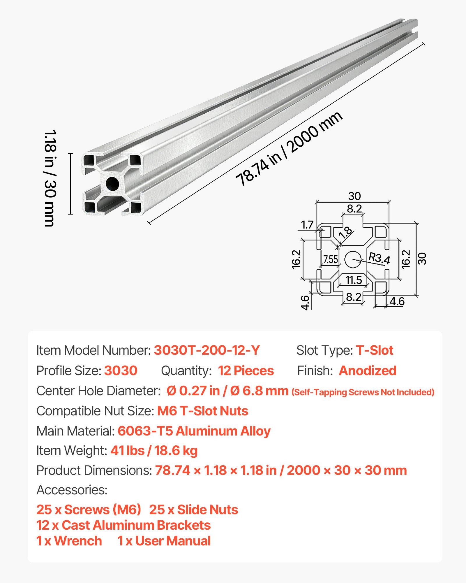 VEVOR 12x 3030 T-Slot Aluminum Extrusion 2000 mm Rail Set, 6063-T5 Anodized Profile for 3D Printer, CNC Frame and DIY Workbench, Silver - Зображення 7