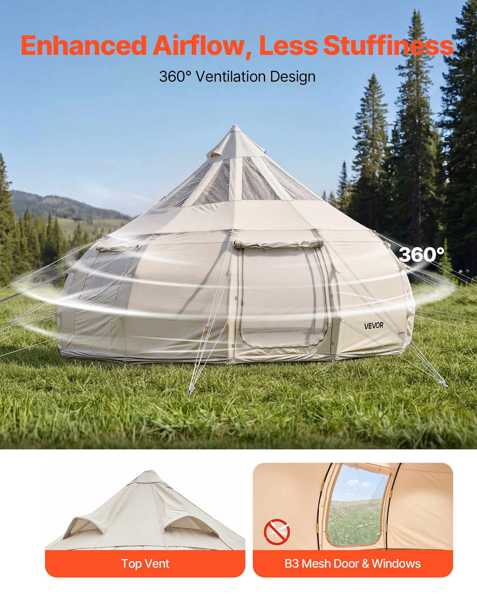 VEVOR 5 m Poly-Cotton Canvas Bell Yurt Tent with Stove Jack, Stargazing Roof, 4 Season, 10-12 Person Family Camping Glamping — изображение 5