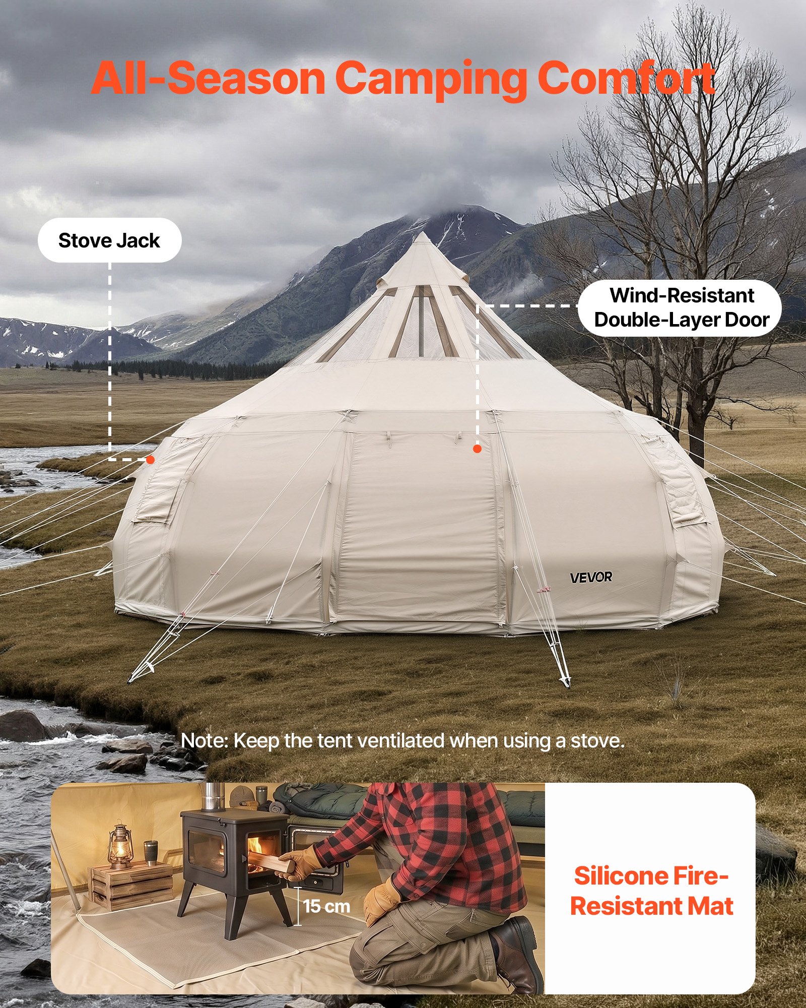 VEVOR 5 m Poly-Cotton Canvas Bell Yurt Tent with Stove Jack, Stargazing Roof, 4 Season, 10-12 Person Family Camping Glamping — изображение 6