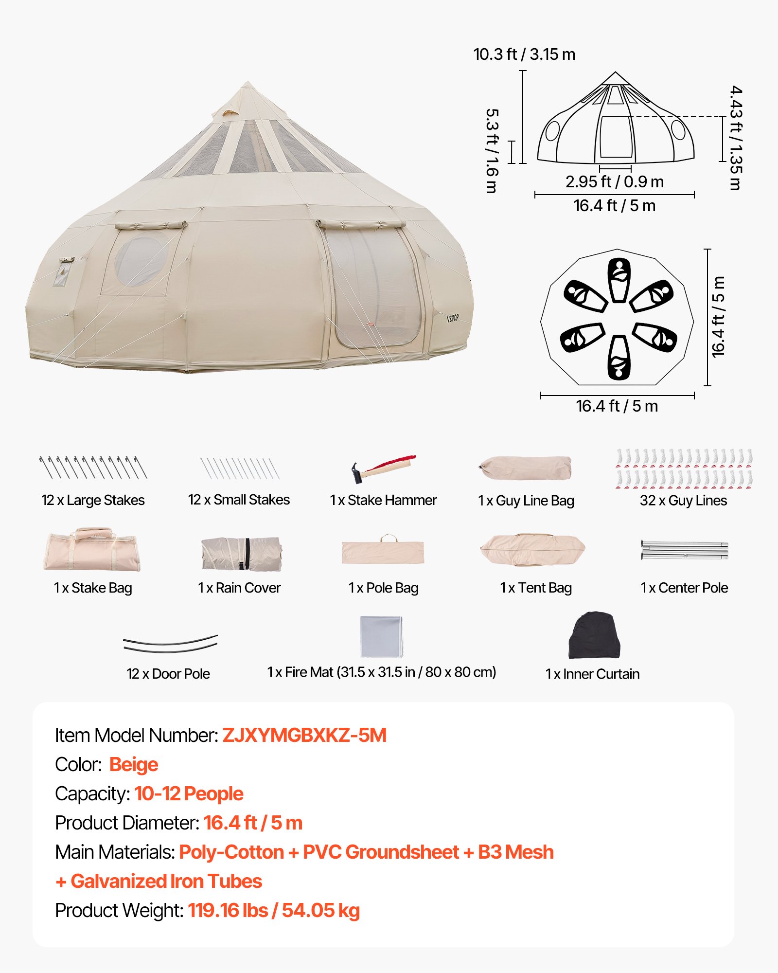 VEVOR 5 m Poly-Cotton Canvas Bell Yurt Tent with Stove Jack, Stargazing Roof, 4 Season, 10-12 Person Family Camping Glamping — изображение 7