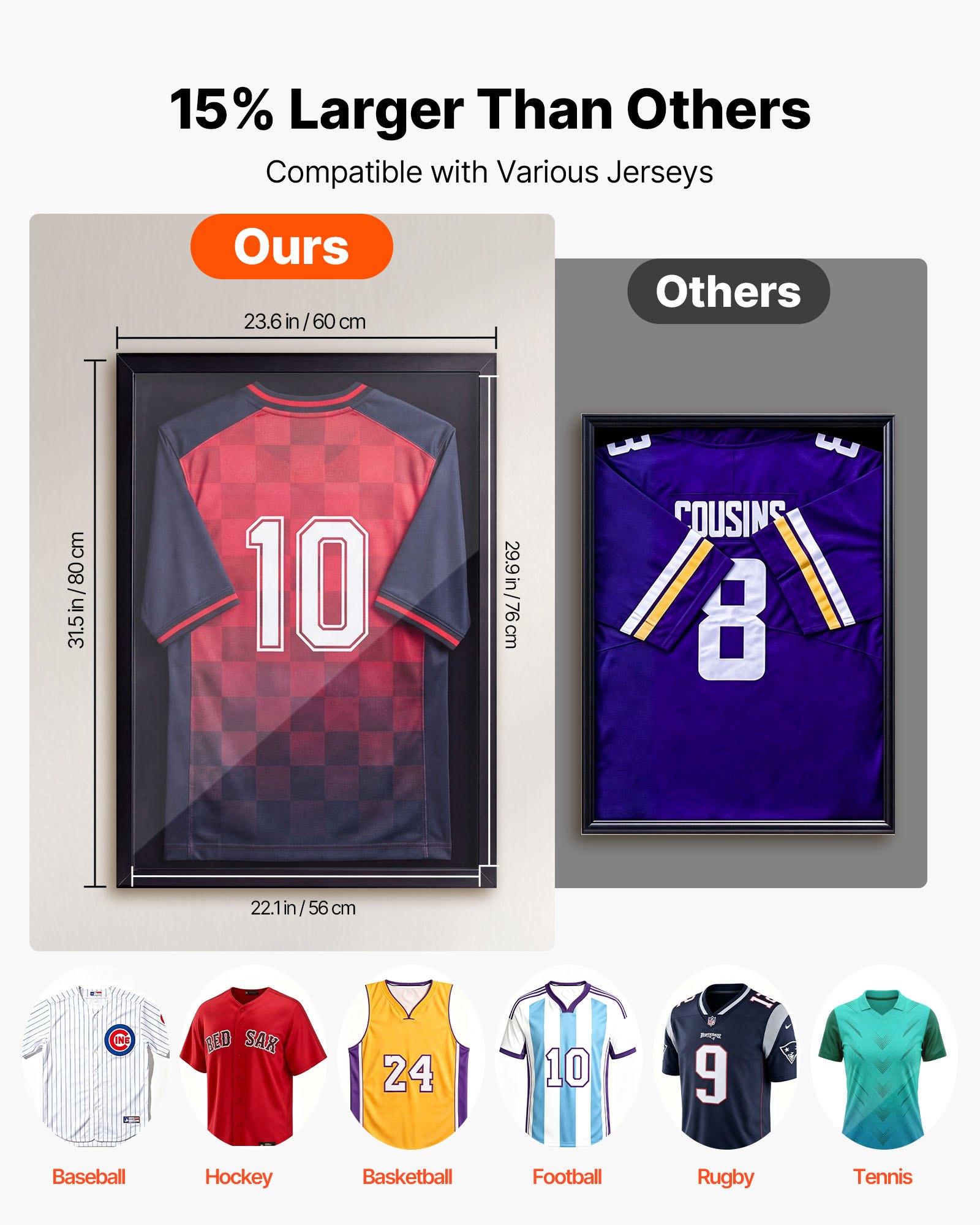 VEVOR Jersey Frame Display Case 80 x 60 cm, Wooden Sports Shirt Shadow Box with UV-Protective Panel and Hanger, Black — изображение 4
