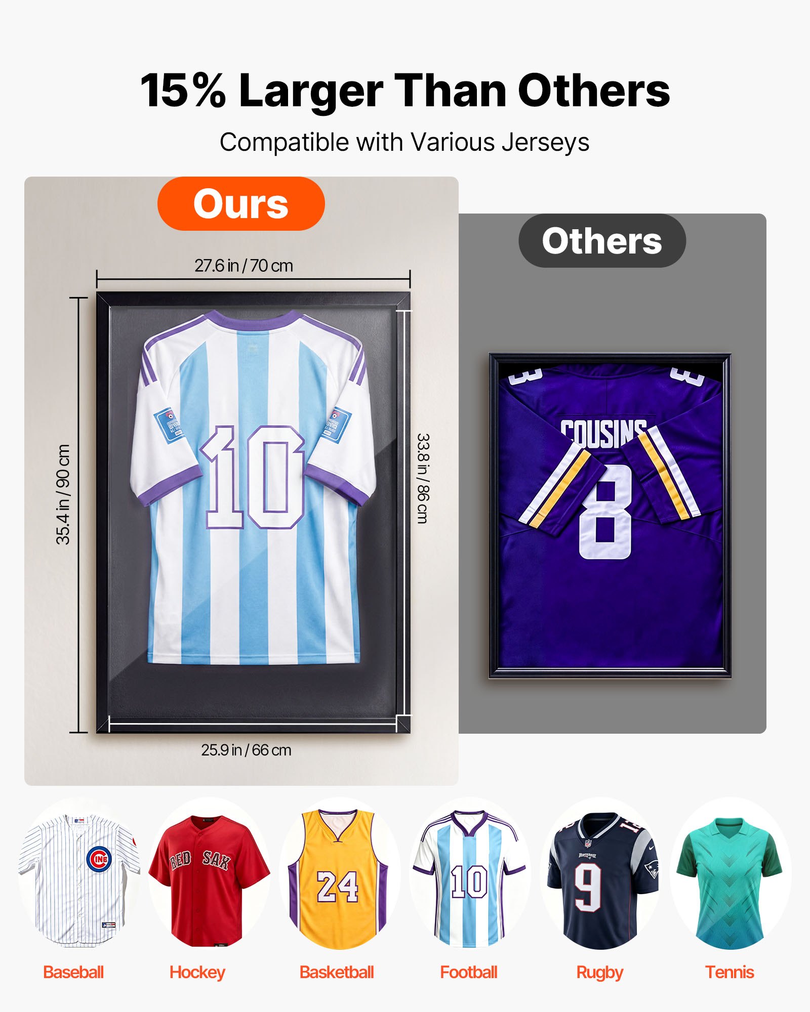 VEVOR Jersey Display Case 90x70x3 cm, Wooden Shadow Box with UV-Protective Panel & Hanger for Sports Shirts and Uniforms, Black — изображение 4