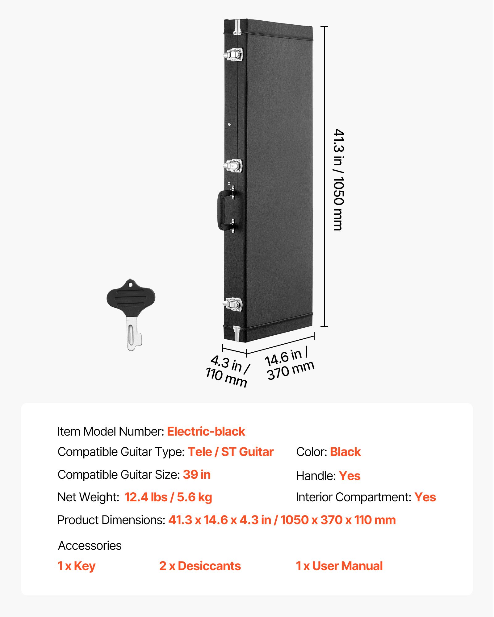 VEVOR Electric Guitar Hard Case 1050 mm, Rectangular Wooden Hard-Shell with Lock, Padding & Compartment for 99 cm Tele/ST Guitars, Black — изображение 7