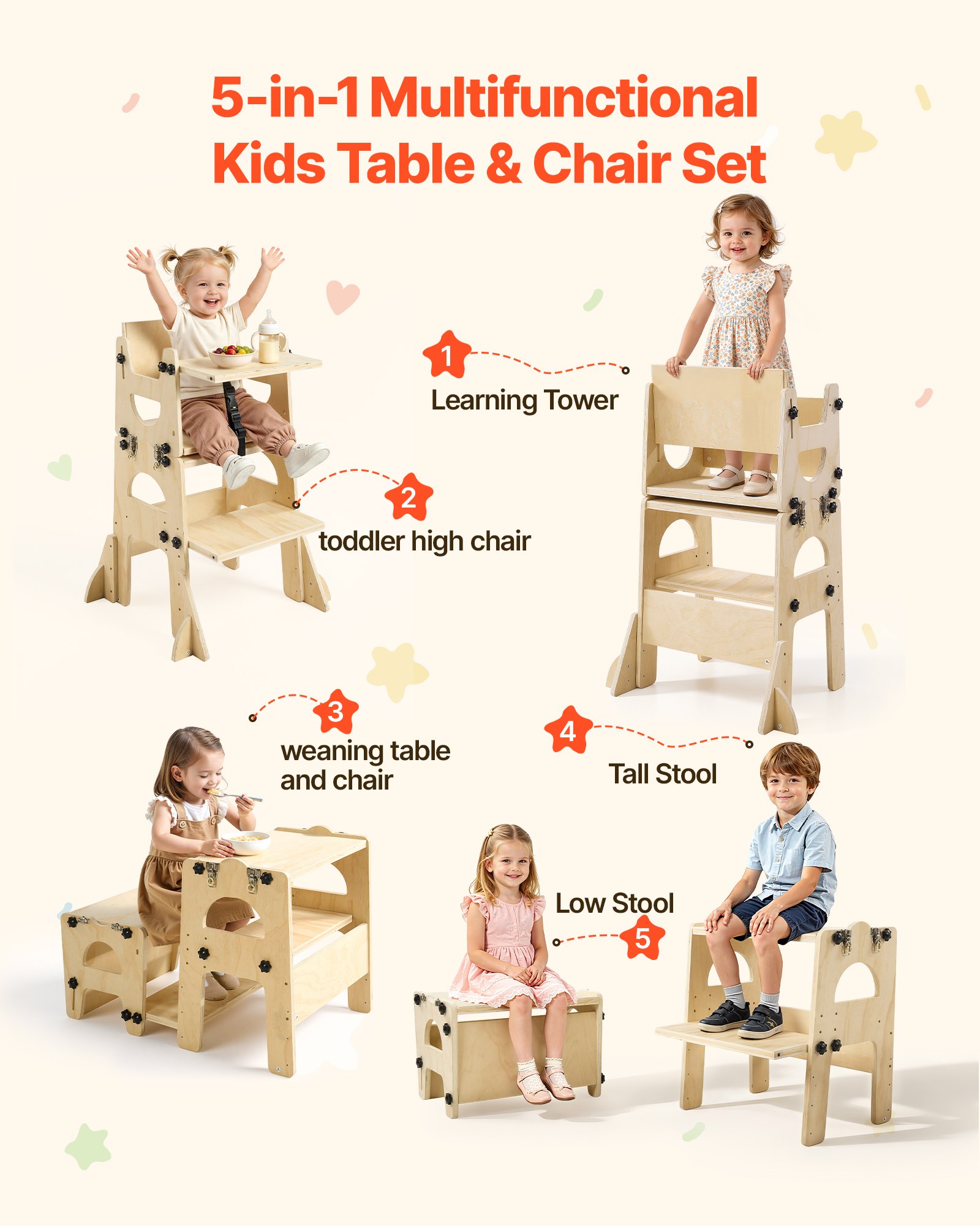 VEVOR Montessori Wooden Toddler Tower 2‑in‑1 Weaning Table & Chair, Adjustable Kids Kitchen Step Stool with Backrest & Chalkboard — изображение 3