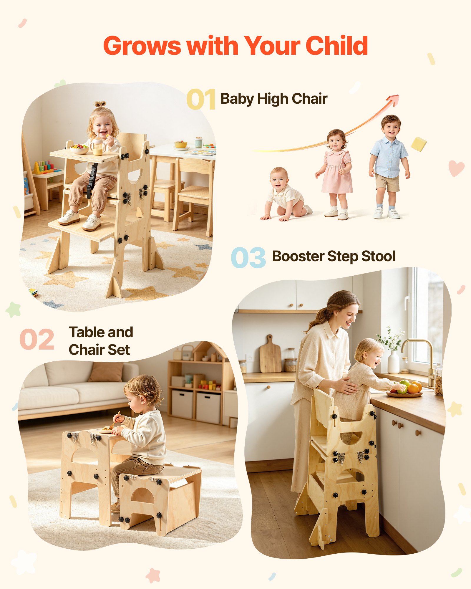 VEVOR Montessori Wooden Toddler Tower 2‑in‑1 Weaning Table & Chair, Adjustable Kids Kitchen Step Stool with Backrest & Chalkboard — изображение 5