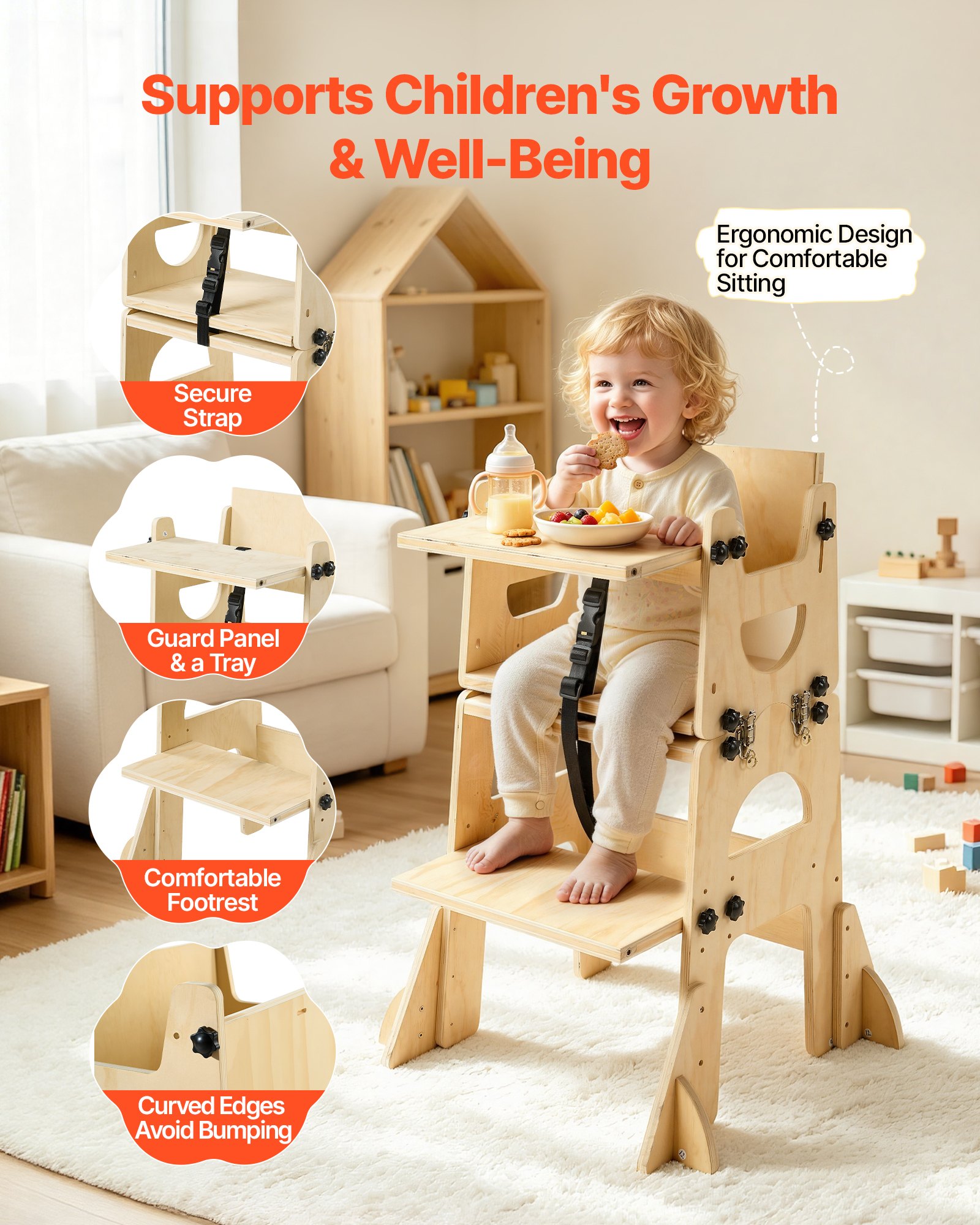 VEVOR Montessori Wooden Toddler Tower 2‑in‑1 Weaning Table & Chair, Adjustable Kids Kitchen Step Stool with Backrest & Chalkboard — изображение 6