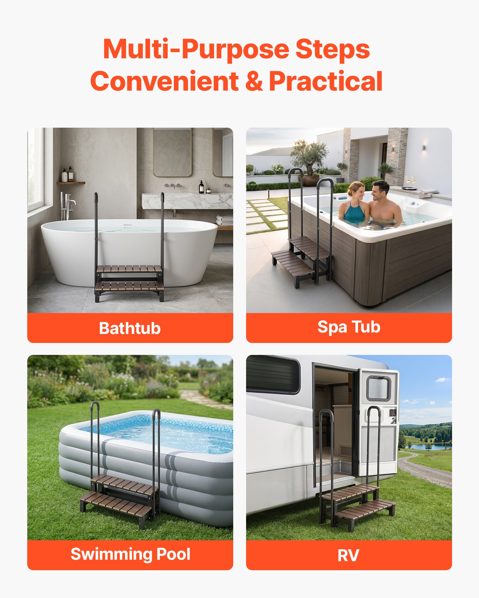 VEVOR 2-Step Hot Tub Steps with Handrail, 250 kg Load, 82 cm Wide, Non-Slip HIPS & Steel Outdoor Spa Stairs, Easy Assembly — изображение 6