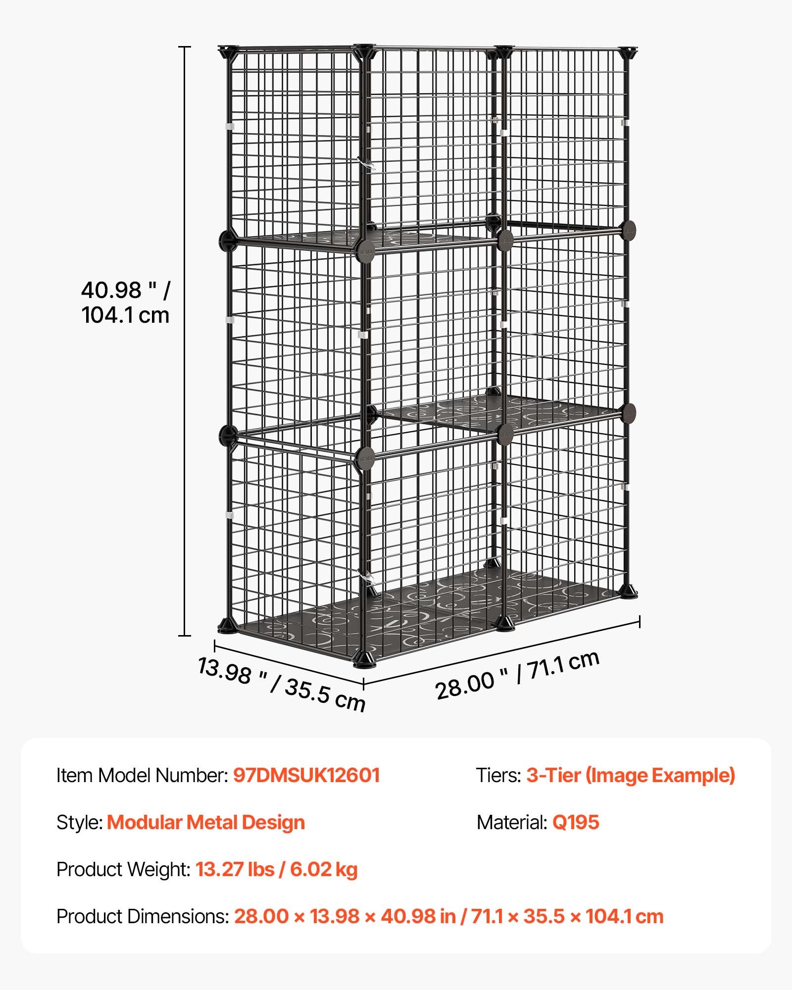 VEVOR 3-Tier Indoor Cat Cage 71x36x104 cm, DIY Metal Wire Playpen Kennel Crate for 1–2 Cats, Kittens, Rabbits & Small Pets, Black — изображение 7