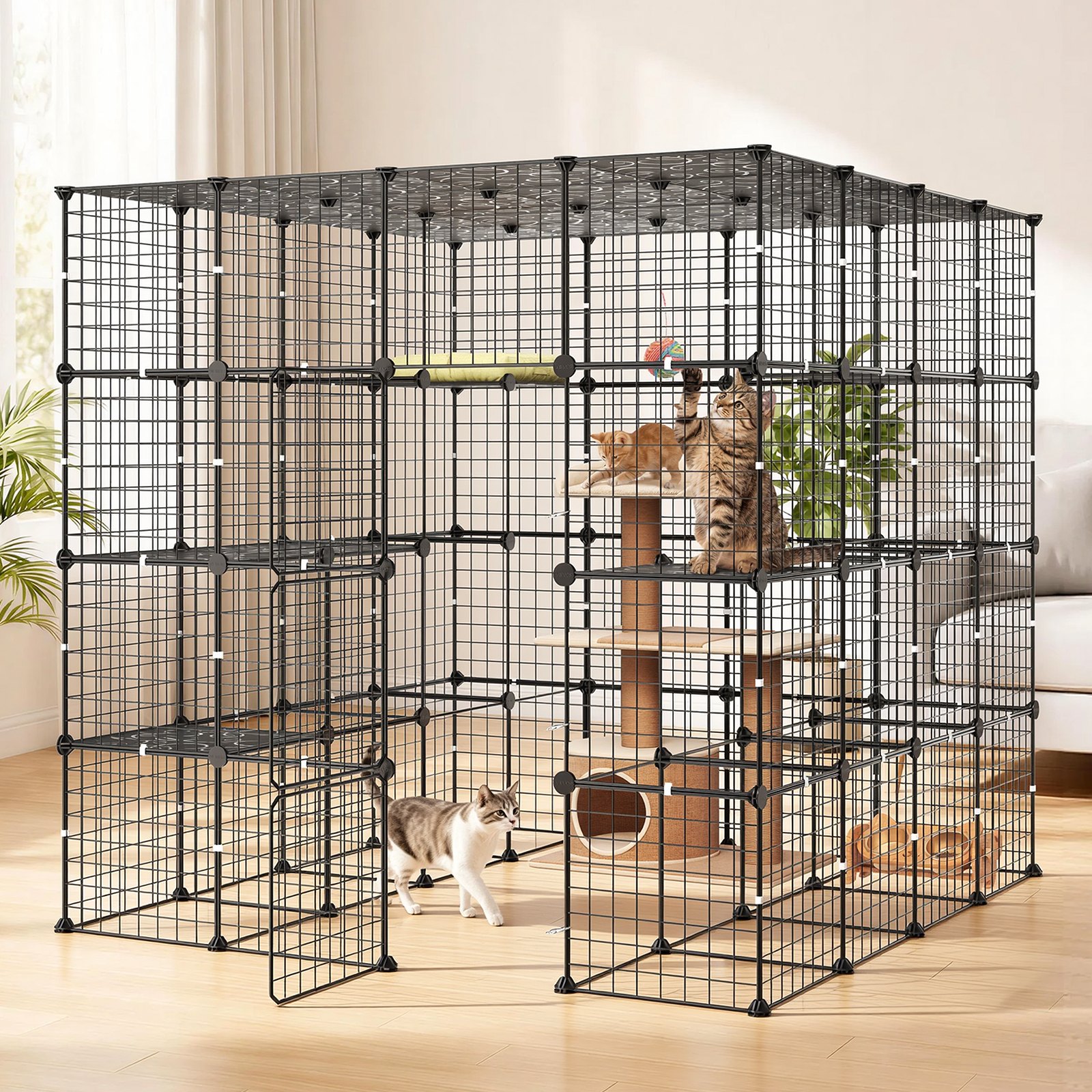 VEVOR 4-Tier DIY Indoor Cat Cage 140x140x140 cm Metal Playpen Enclosure with 3 Doors, Stable Kennel for 2–3 Cats & Small Pets, Black — изображение 8