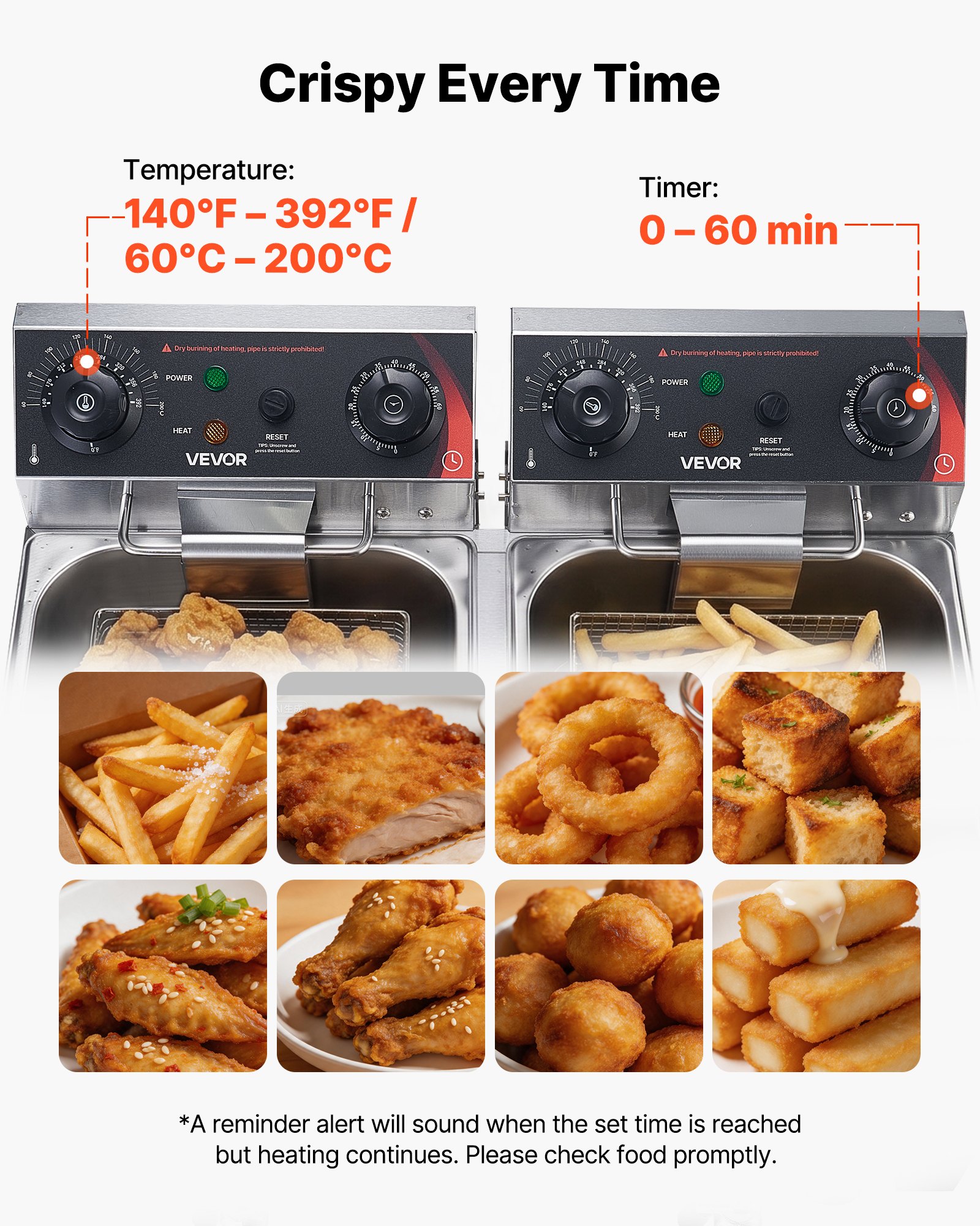 VEVOR 18L Commercial Electric Deep Fryer, Dual Tank 5000W Countertop Fryer with Baskets, Drain Tap, Temp Control for Restaurant — изображение 6