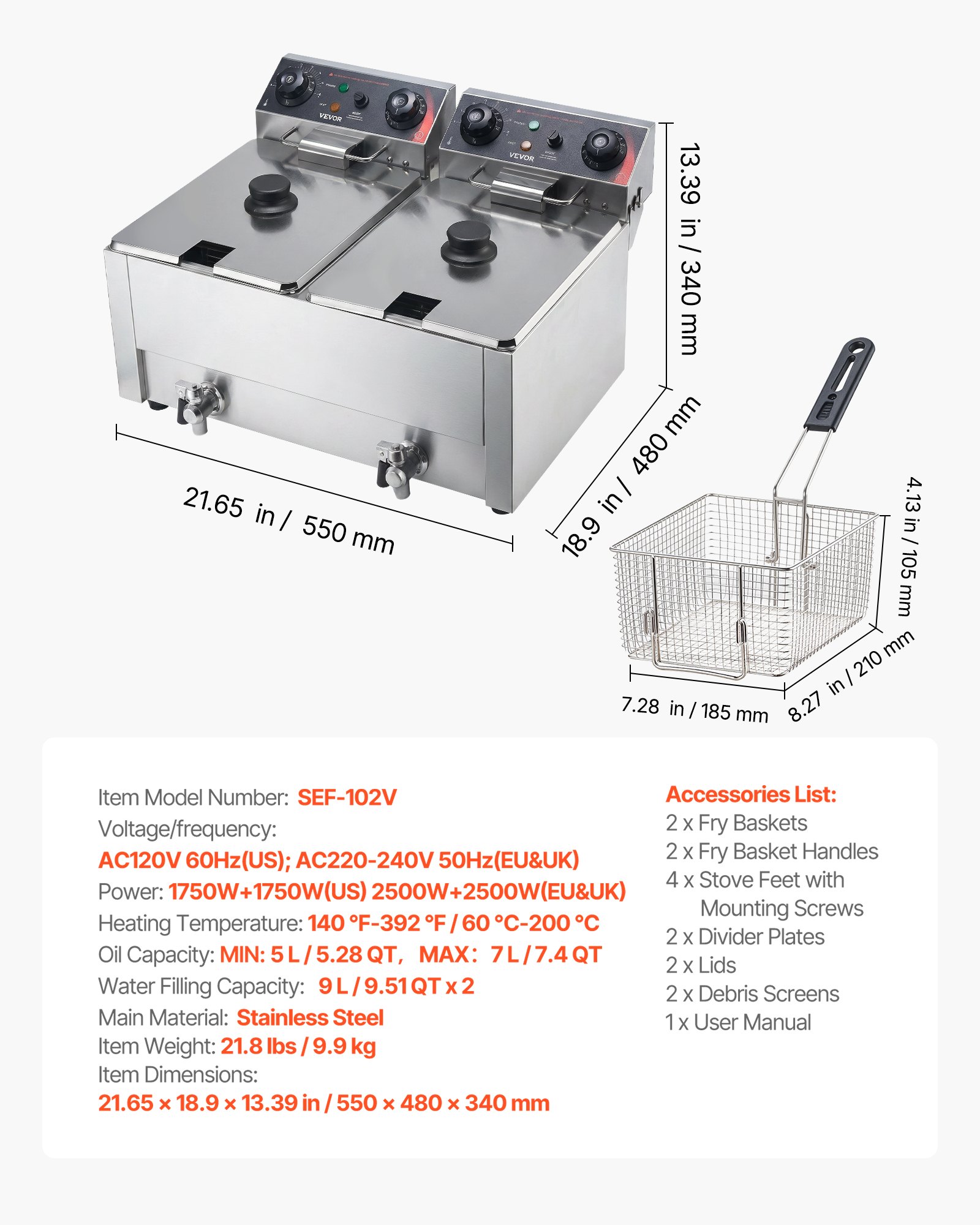VEVOR 18L Commercial Electric Deep Fryer, Dual Tank 5000W Countertop Fryer with Baskets, Drain Tap, Temp Control for Restaurant — изображение 7