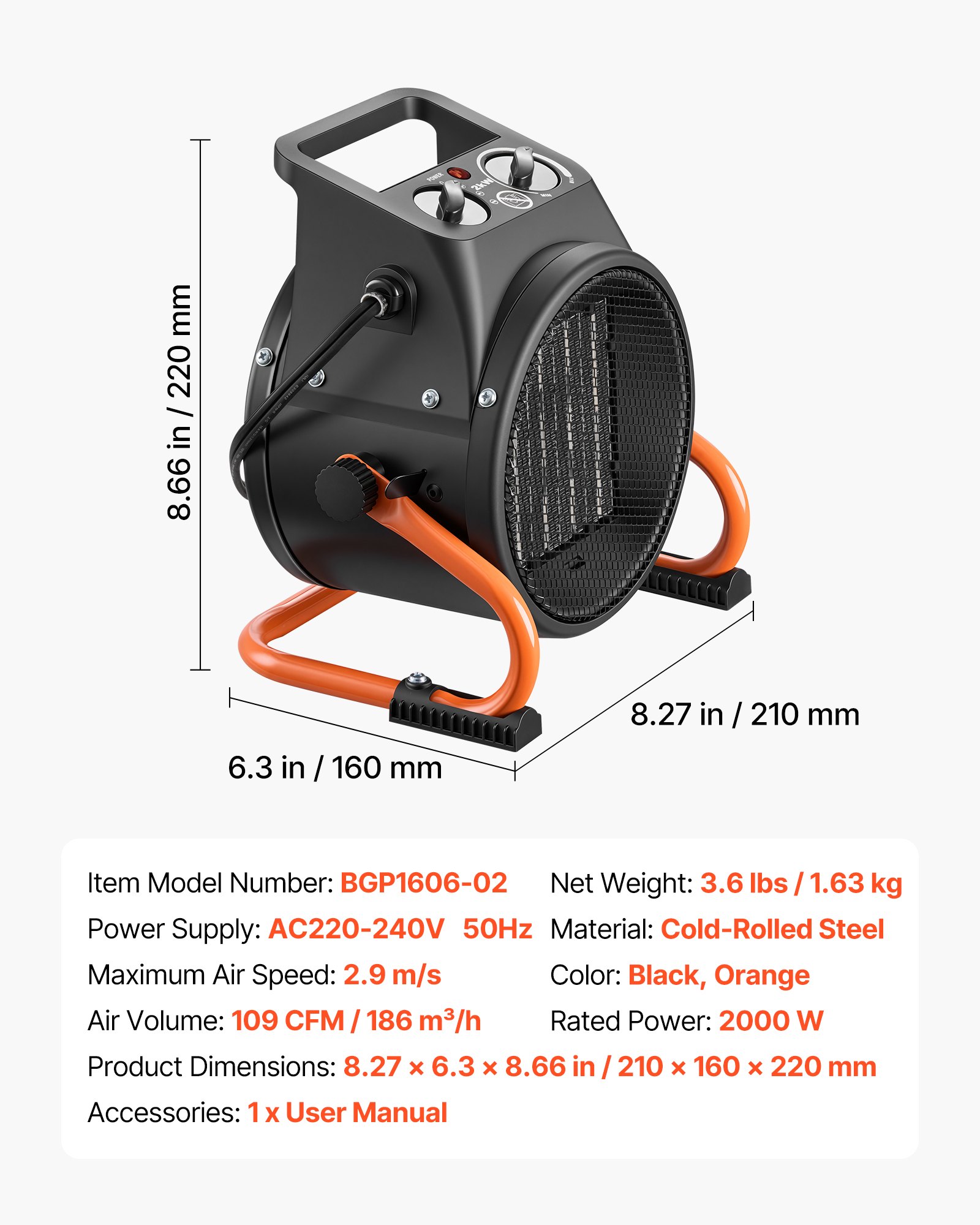 VEVOR 2000W Electric Greenhouse Heater with Fan, Adjustable Angle, Overheat Protection, Portable Heater for Grow Tent & Home — изображение 7