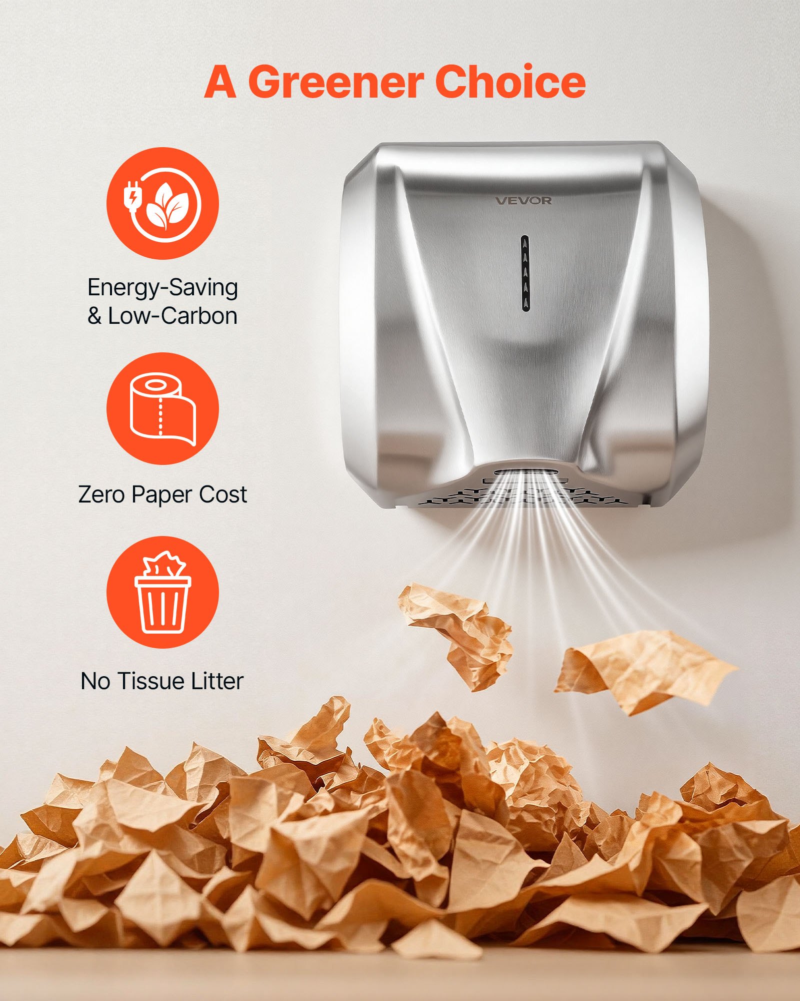 VEVOR 1800W Automatic Hand Dryer with HEPA Filter, Fast 10–15 s Drying, Stainless Steel, 220–240V Wall Mounted for Commercial Use - Зображення 6