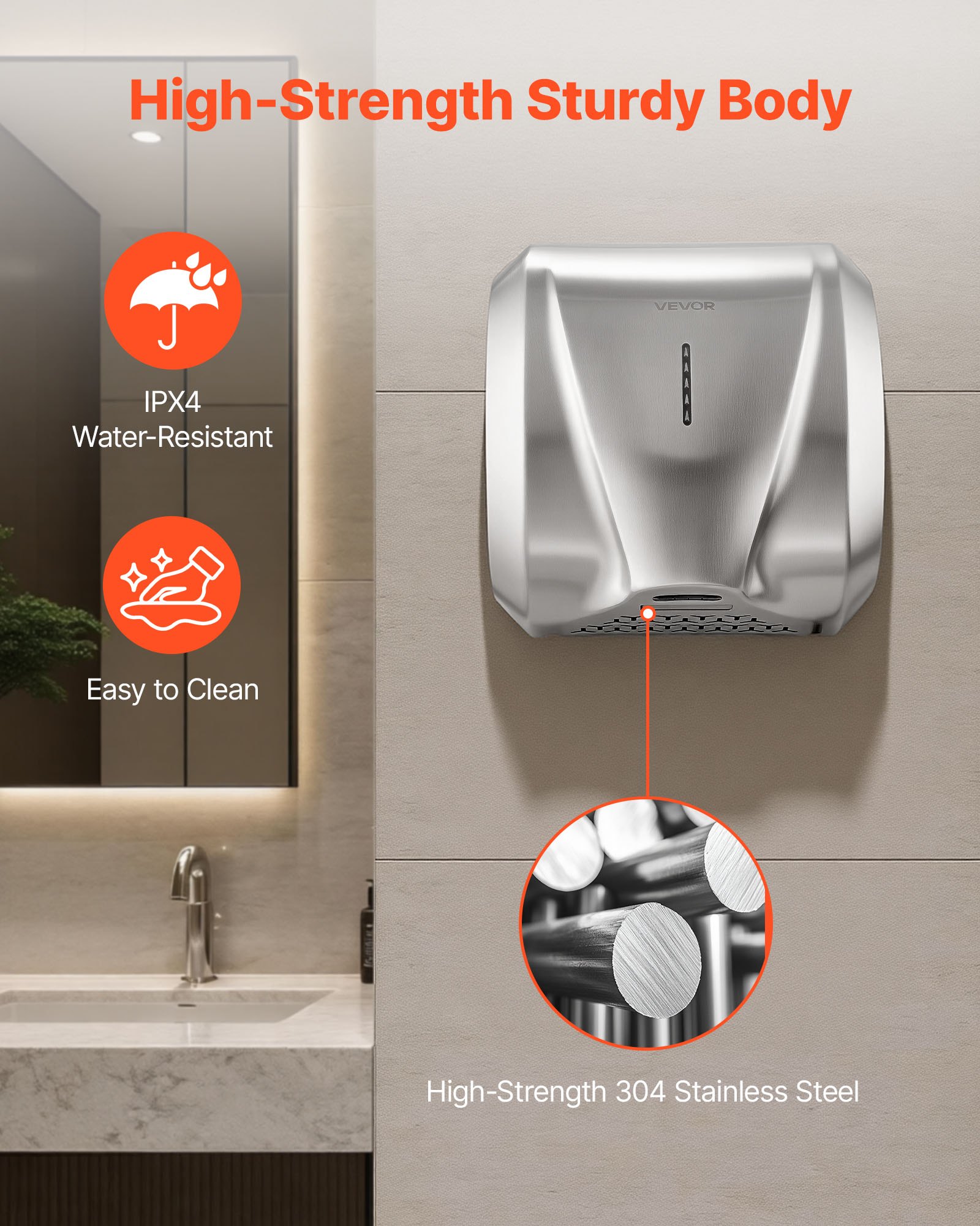 VEVOR 1800W Automatic Hand Dryer with HEPA Filter, Fast 10–15 s Drying, Stainless Steel, 220–240V Wall Mounted for Commercial Use - Зображення 7