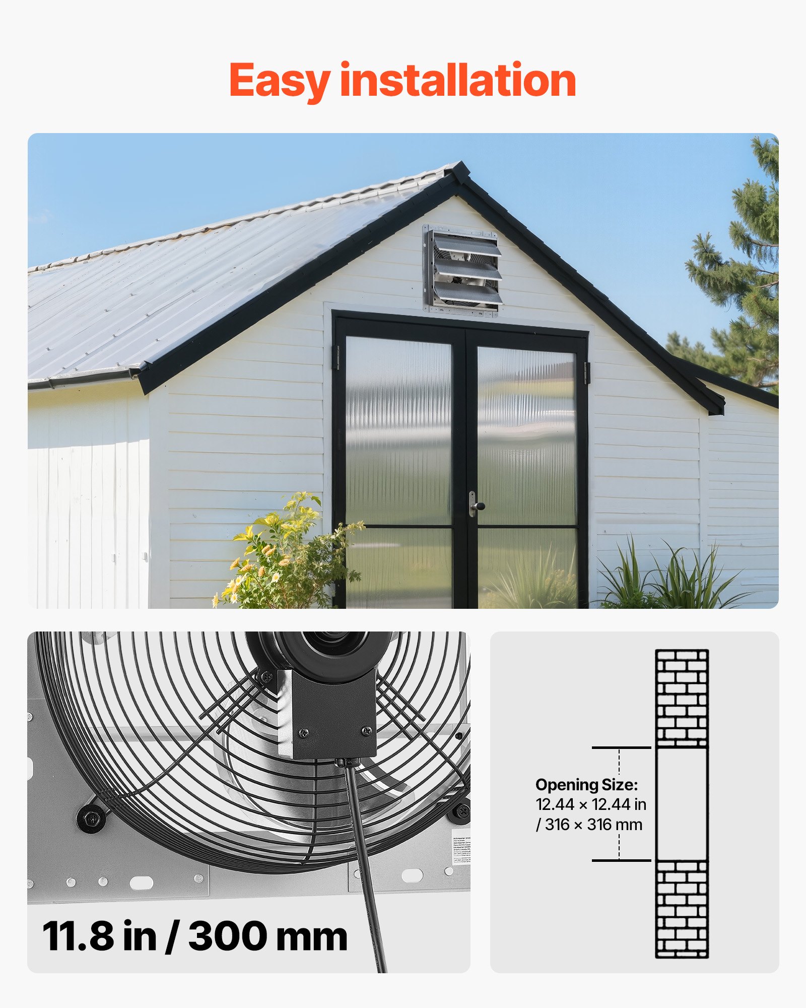 VEVOR 312 mm Wall Mounted Shutter Exhaust Fan 2124 m³/h, Steel Housing, Low Noise AC Motor for Attic Garage Barn Greenhouse Workshop - Зображення 6