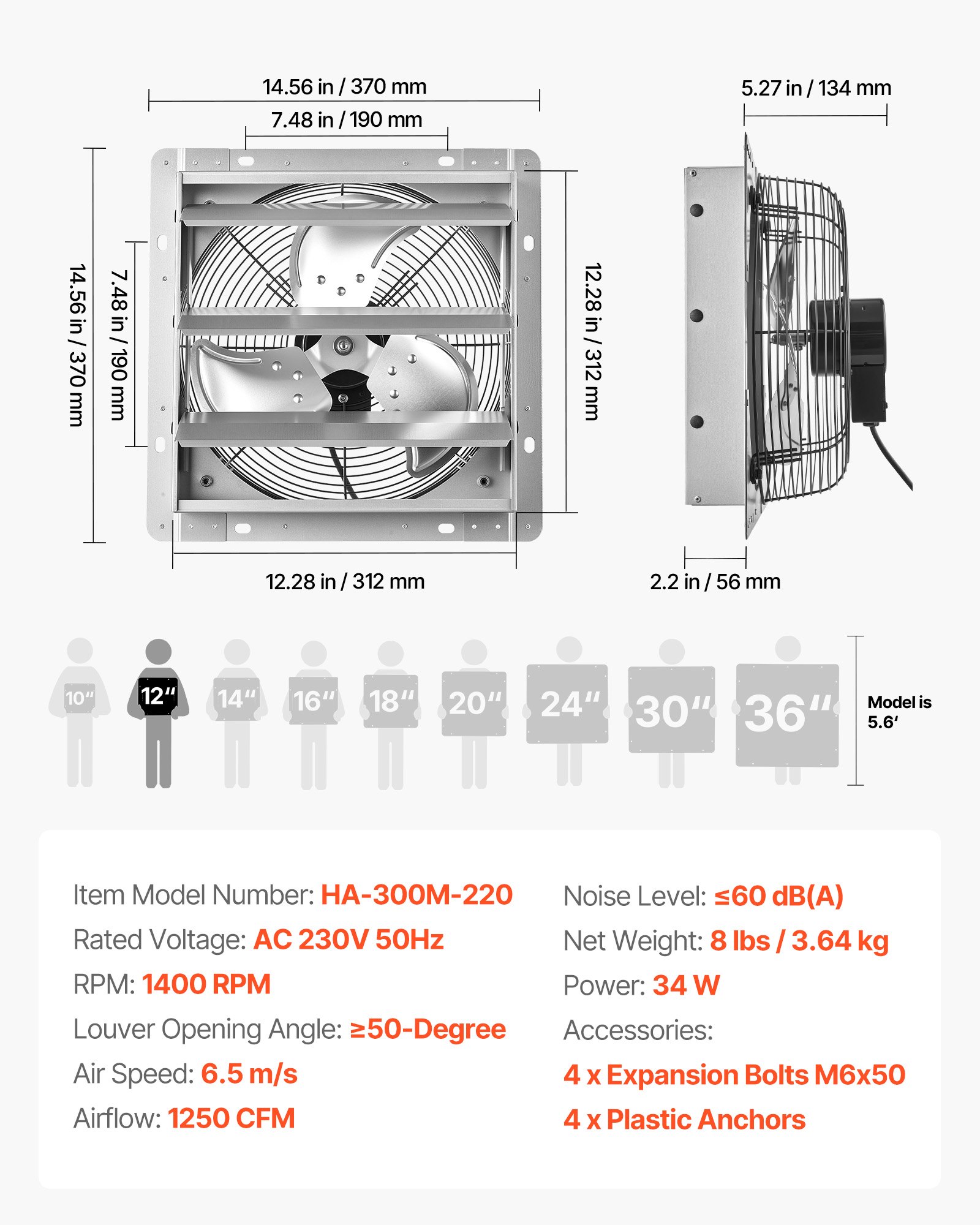 VEVOR 312 mm Wall Mounted Shutter Exhaust Fan 2124 m³/h, Steel Housing, Low Noise AC Motor for Attic Garage Barn Greenhouse Workshop - Зображення 7