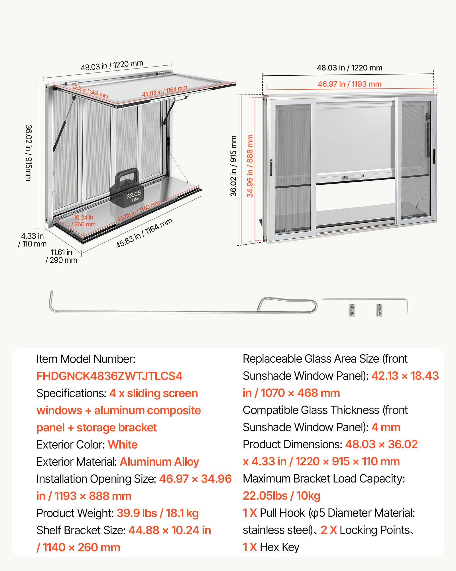 VEVOR 1220x915 mm Aluminum Concession Service Window with Folding Shelf, 4 Sliding Screen Windows, Lock, 85° Awning, Rain-Resistant — изображение 7