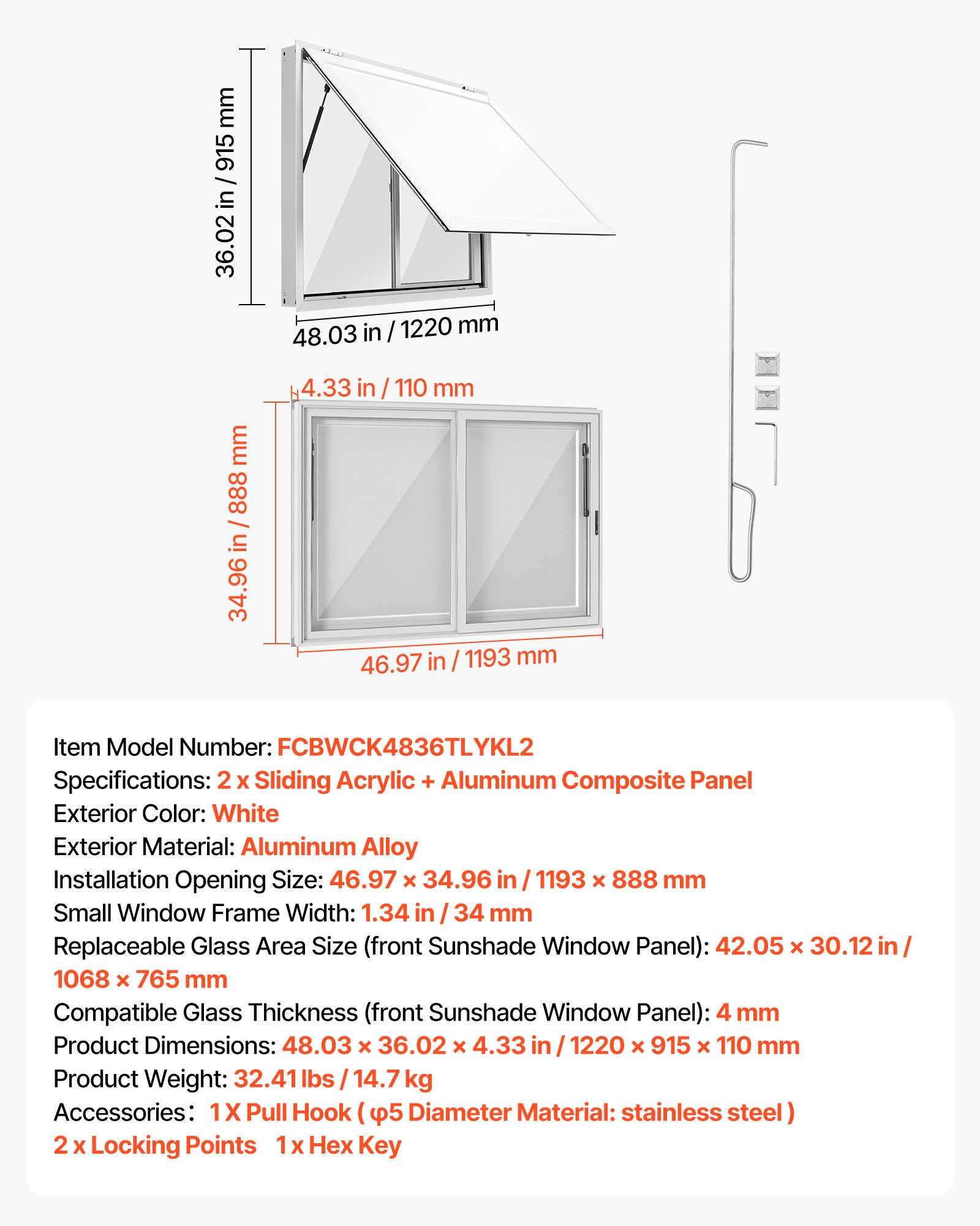VEVOR 1220x915 mm Aluminum Concession Service Window for Food Truck, 85° Awning Door, 2 Sliding Acrylic Windows, Rainproof — изображение 7